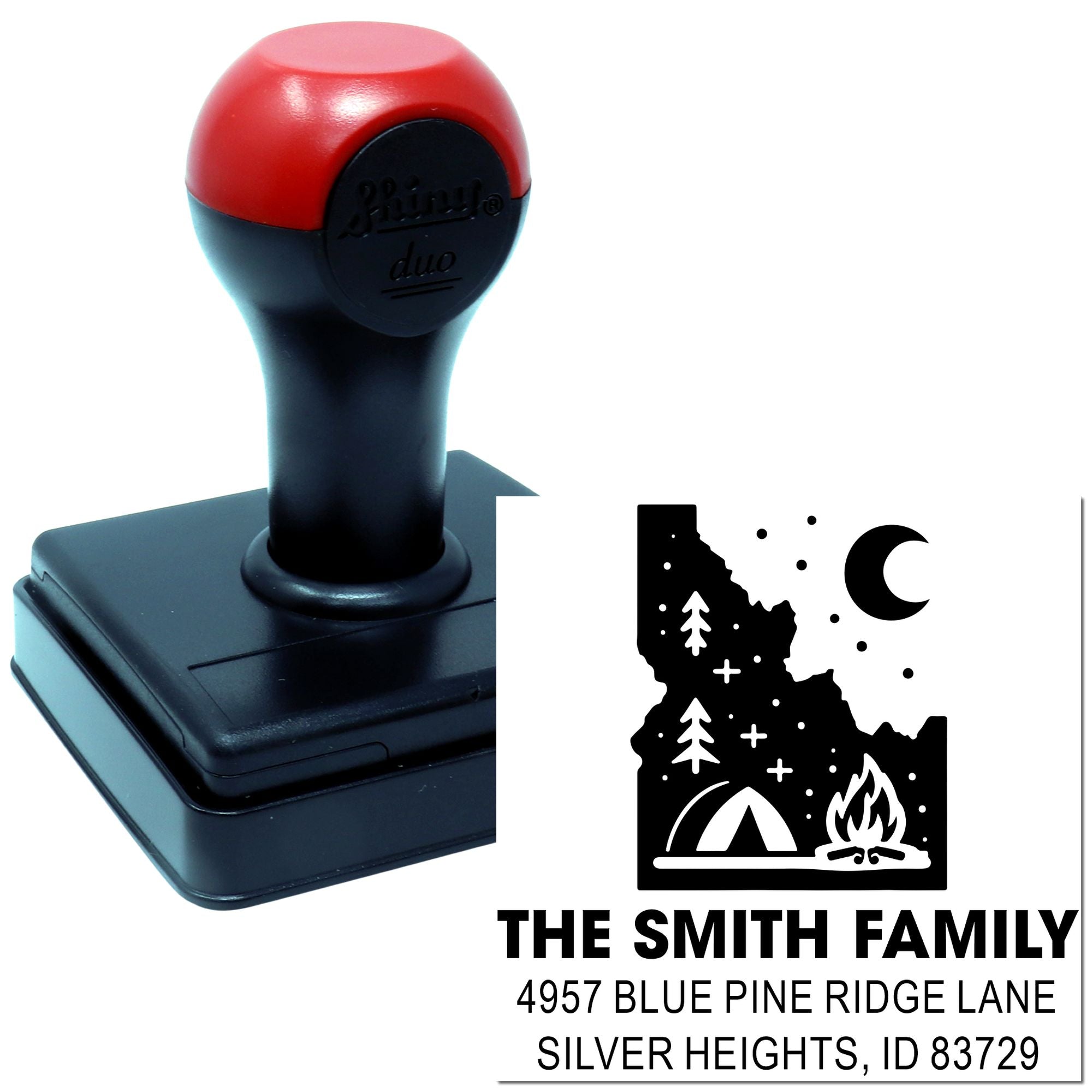 Custom self-inking rubber address stamp with camping family design for personalized return-address use.