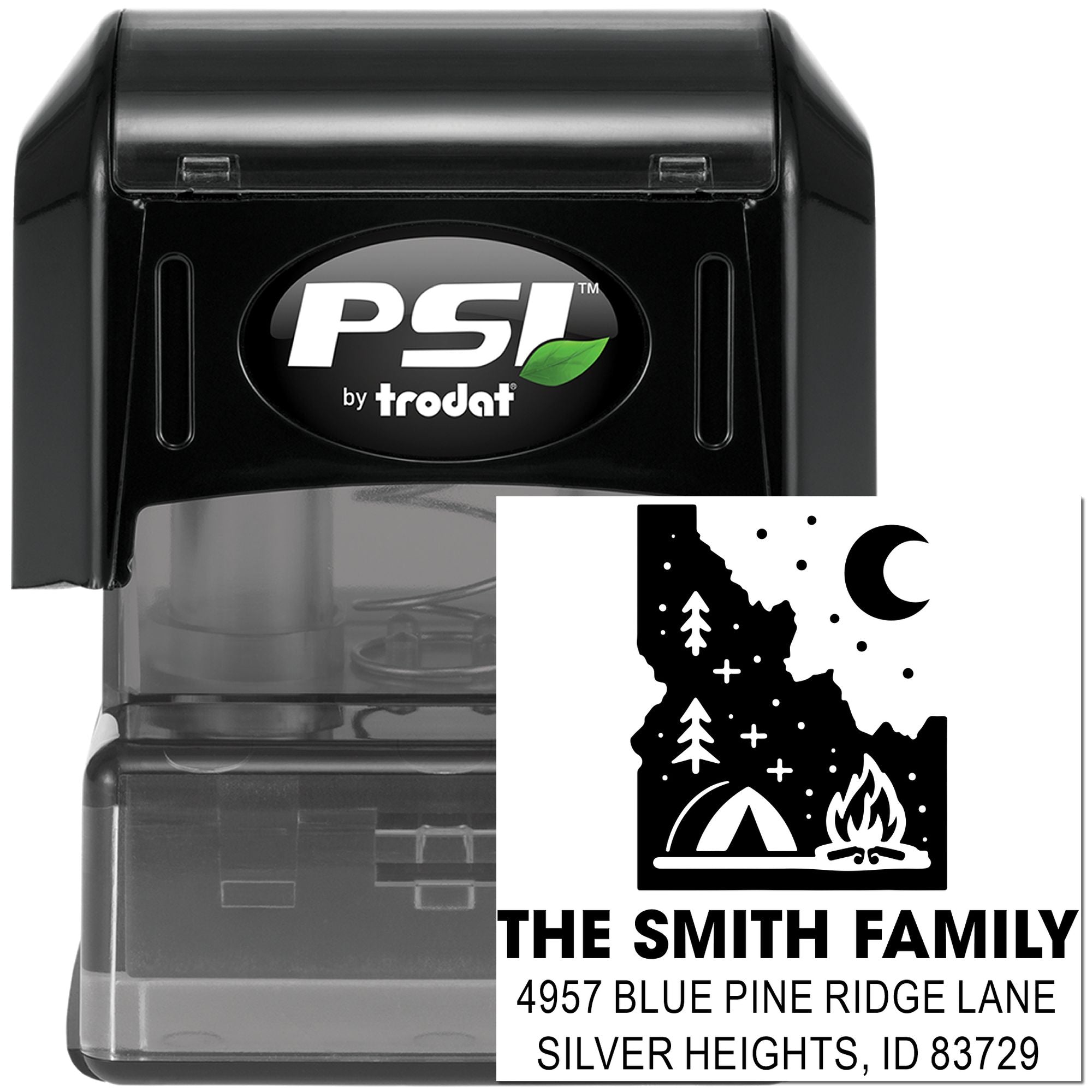 Custom self-inking address rubber stamp with camping logo, The Smith Family name and return address, PSI by Trodat.