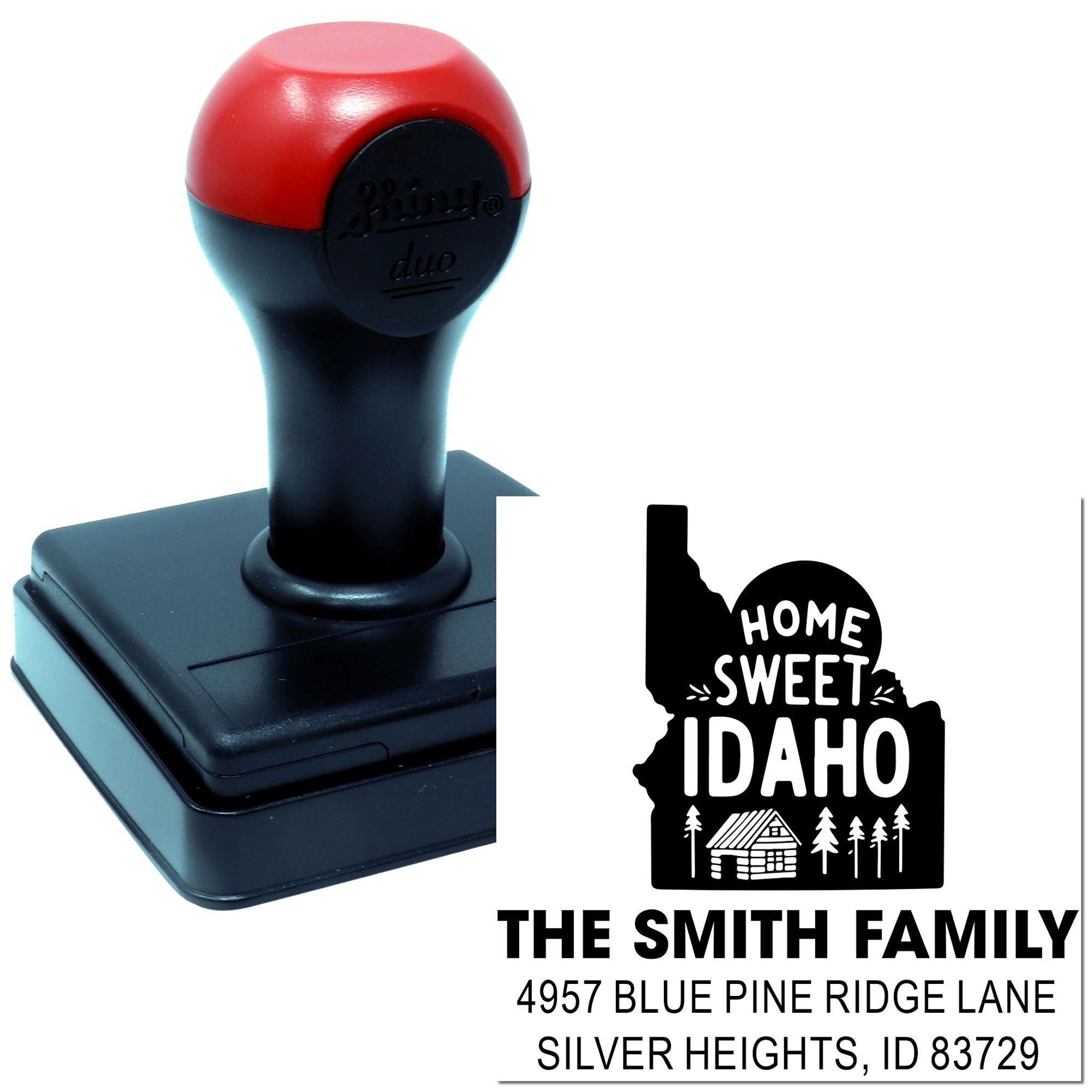 Custom self-inking rubber stamp with Home Sweet Idaho design and personalized The Smith Family address stamp.