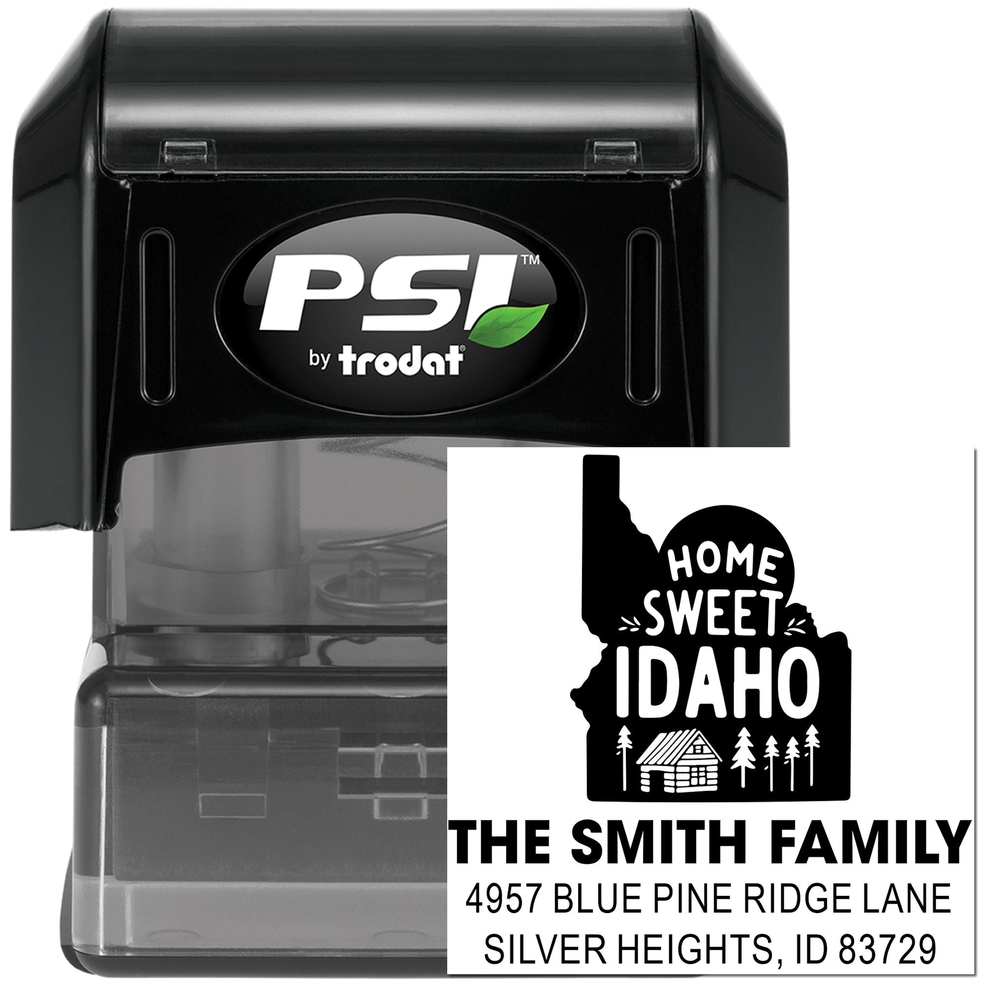 Custom home address rubber stamp with Home Sweet Idaho design, PSI by Trodat self-inking stamp for The Smith Family.