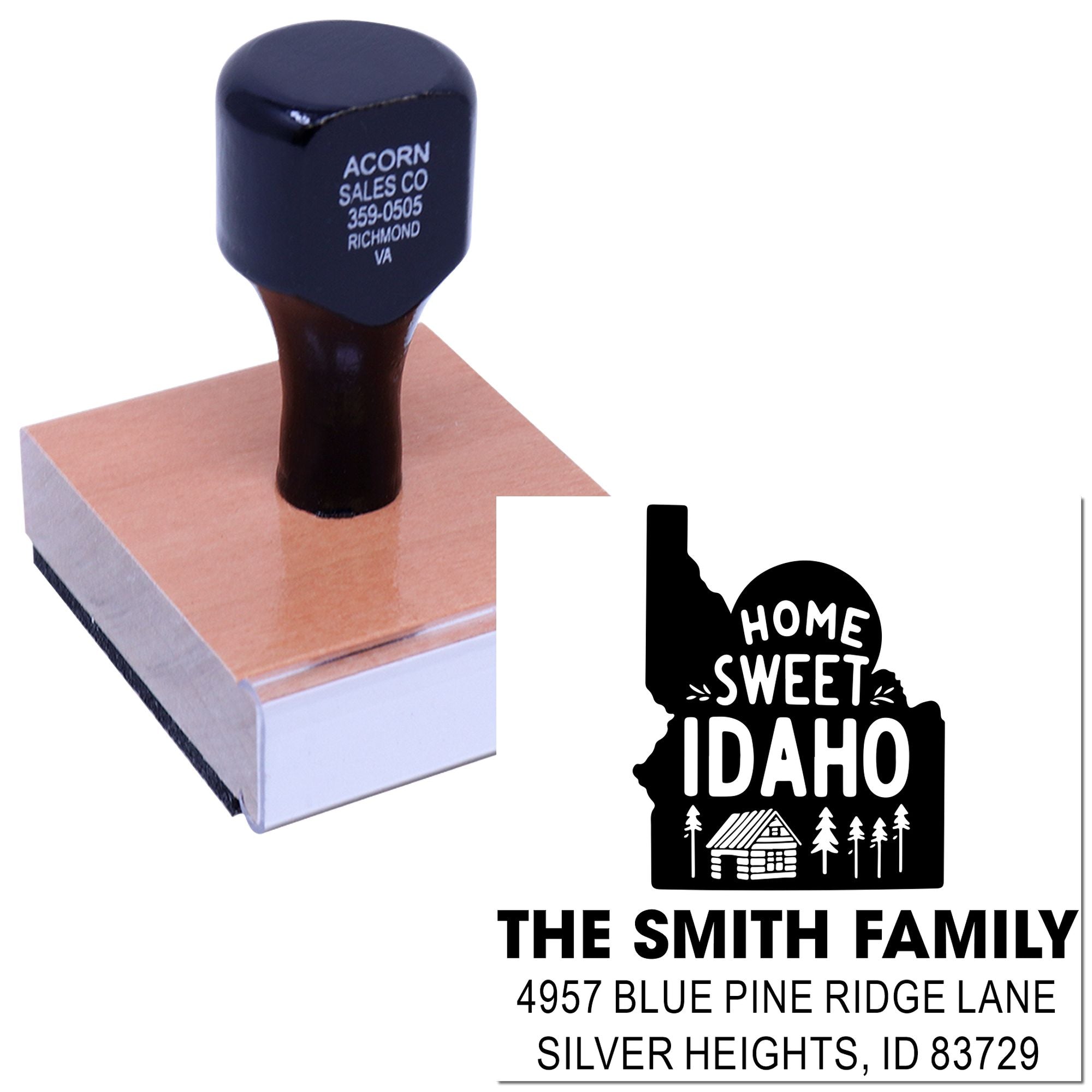Personalized rubber return address stamp with Home Sweet Idaho design for The Smith Family in Silver Heights, Idaho.