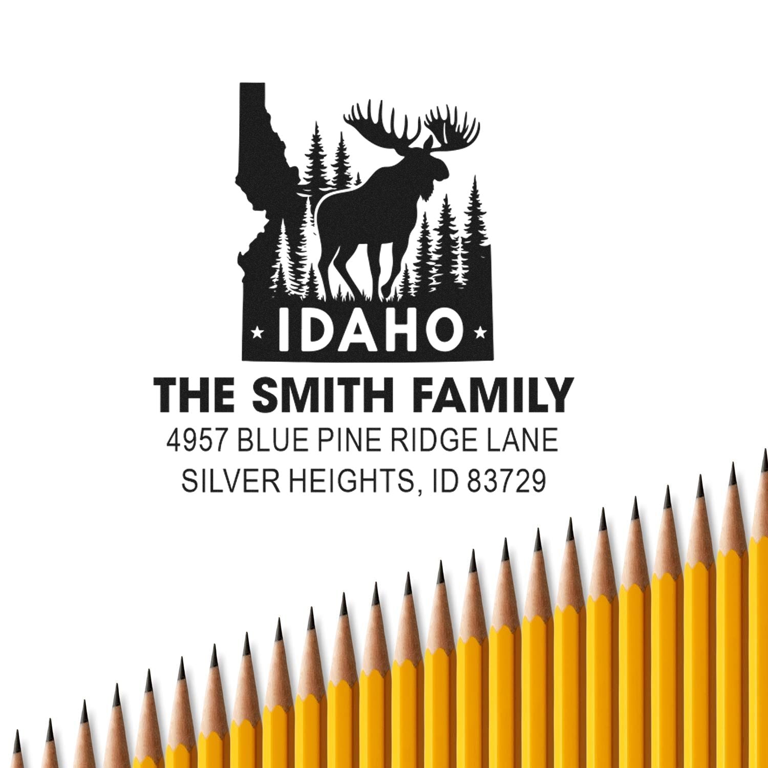 Idaho moose and pine tree custom return address rubber stamp for family envelopes and stationery