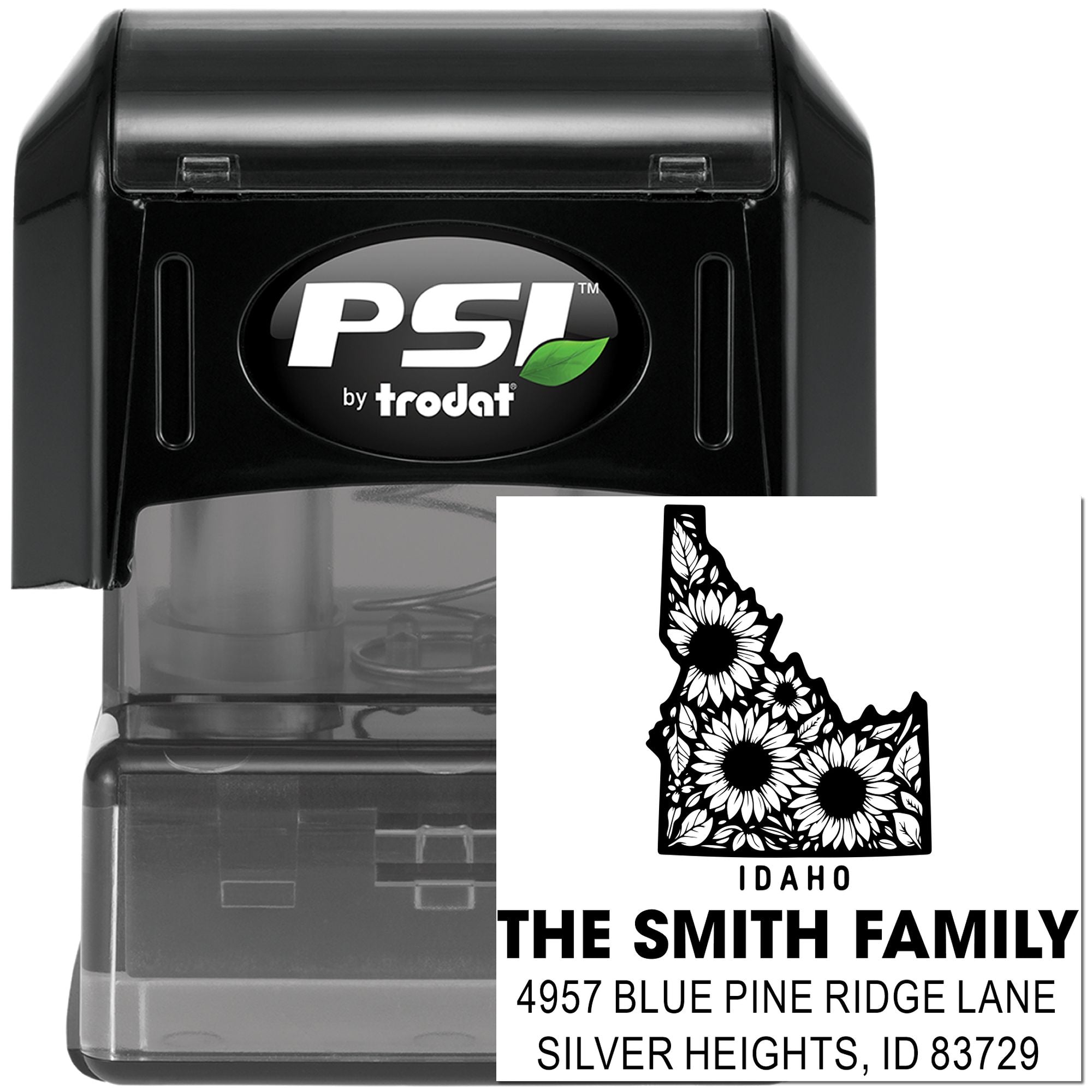 PSI by Trodat self-inking rubber stamp with custom Idaho family address design, floral state silhouette, and personalized return address