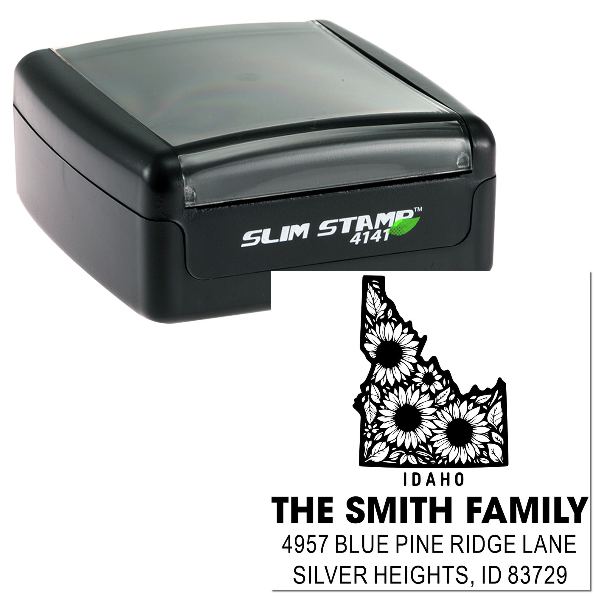 Custom Idaho address rubber stamp with floral state silhouette, family name, and mailing address for personalized envelopes.