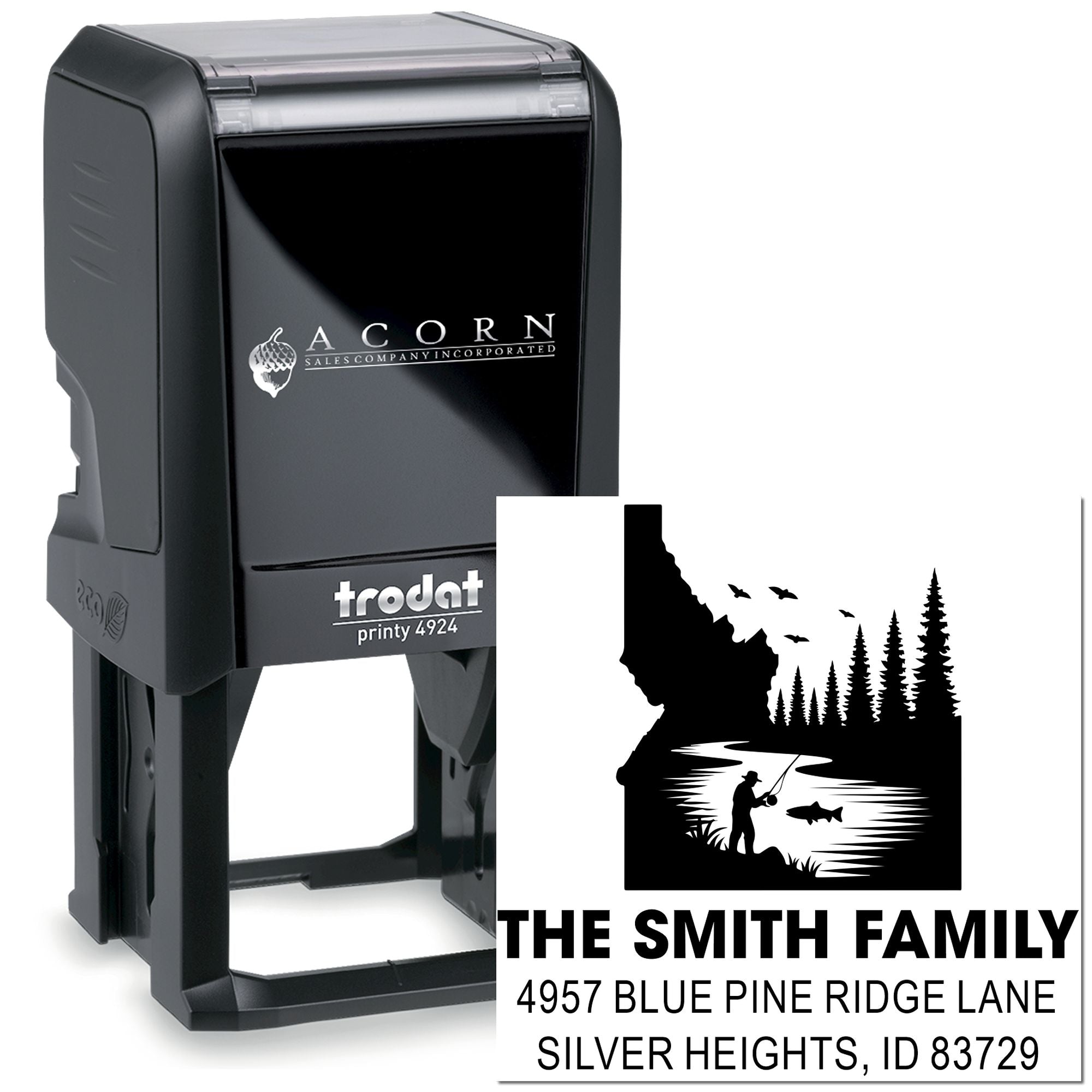Custom self-inking address stamp with fishing scene, Trodat Printy 4924 rubber stamp for return mail.