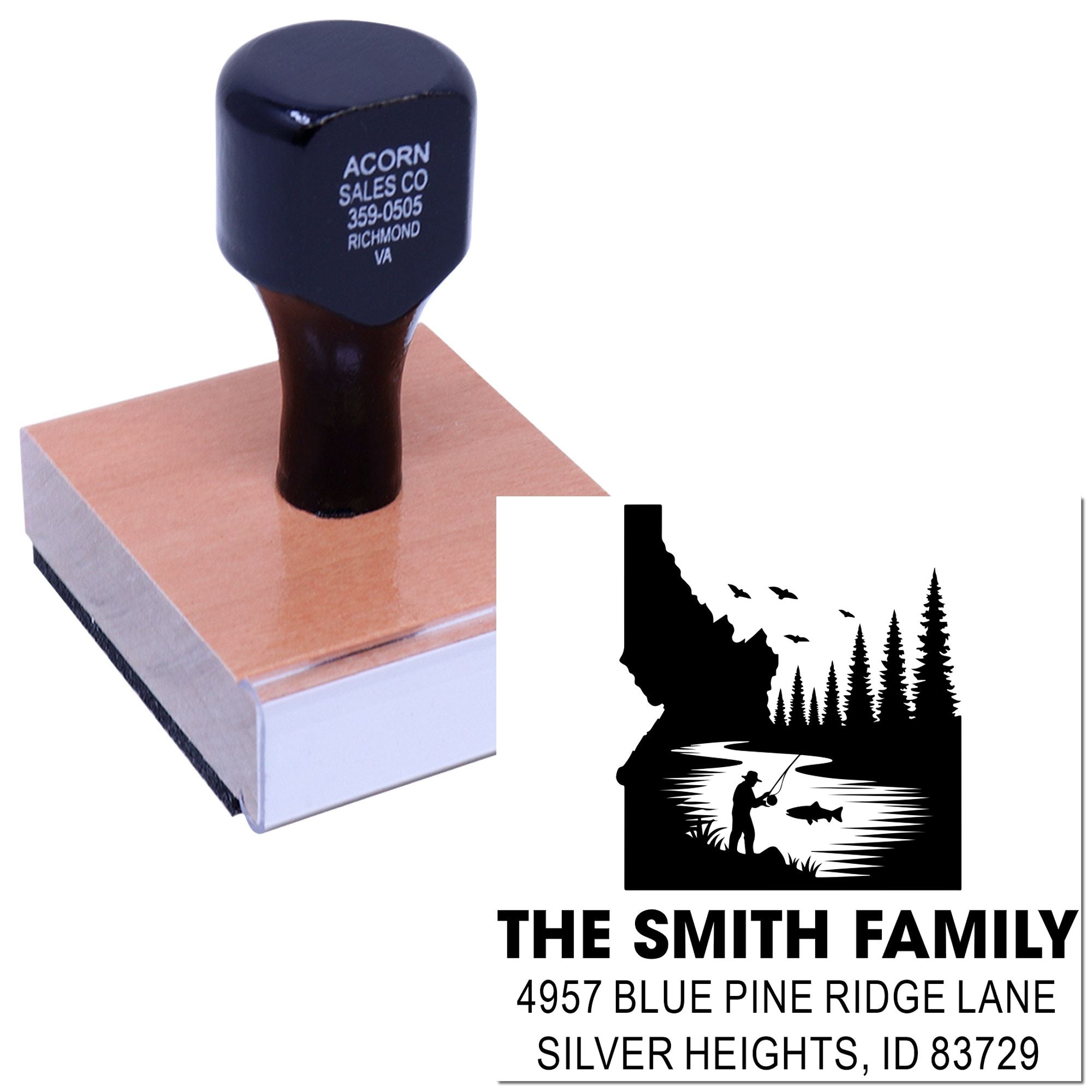 Custom return address rubber stamp with fisherman scene, The Smith Family name, and address imprint.