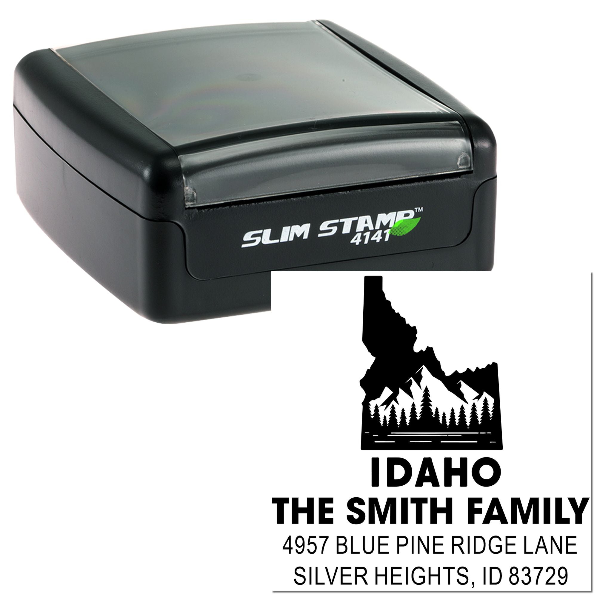Custom self-inking rubber stamp with Idaho design and Smith Family return address for mailing labels.