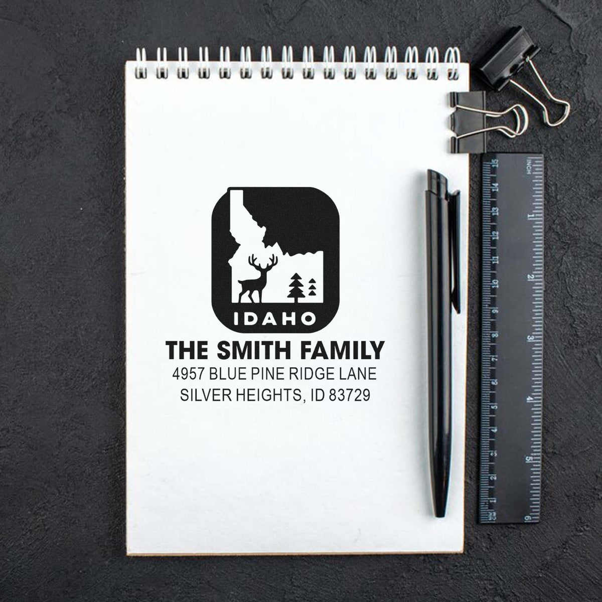 Custom Idaho family return address rubber stamp with deer logo for personalized mailing and stationery use