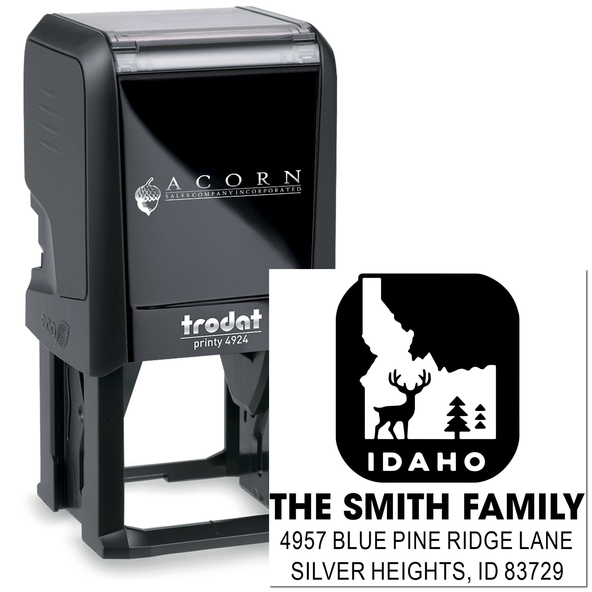 Custom self-inking address rubber stamp for The Smith Family in Idaho with deer logo and return address.