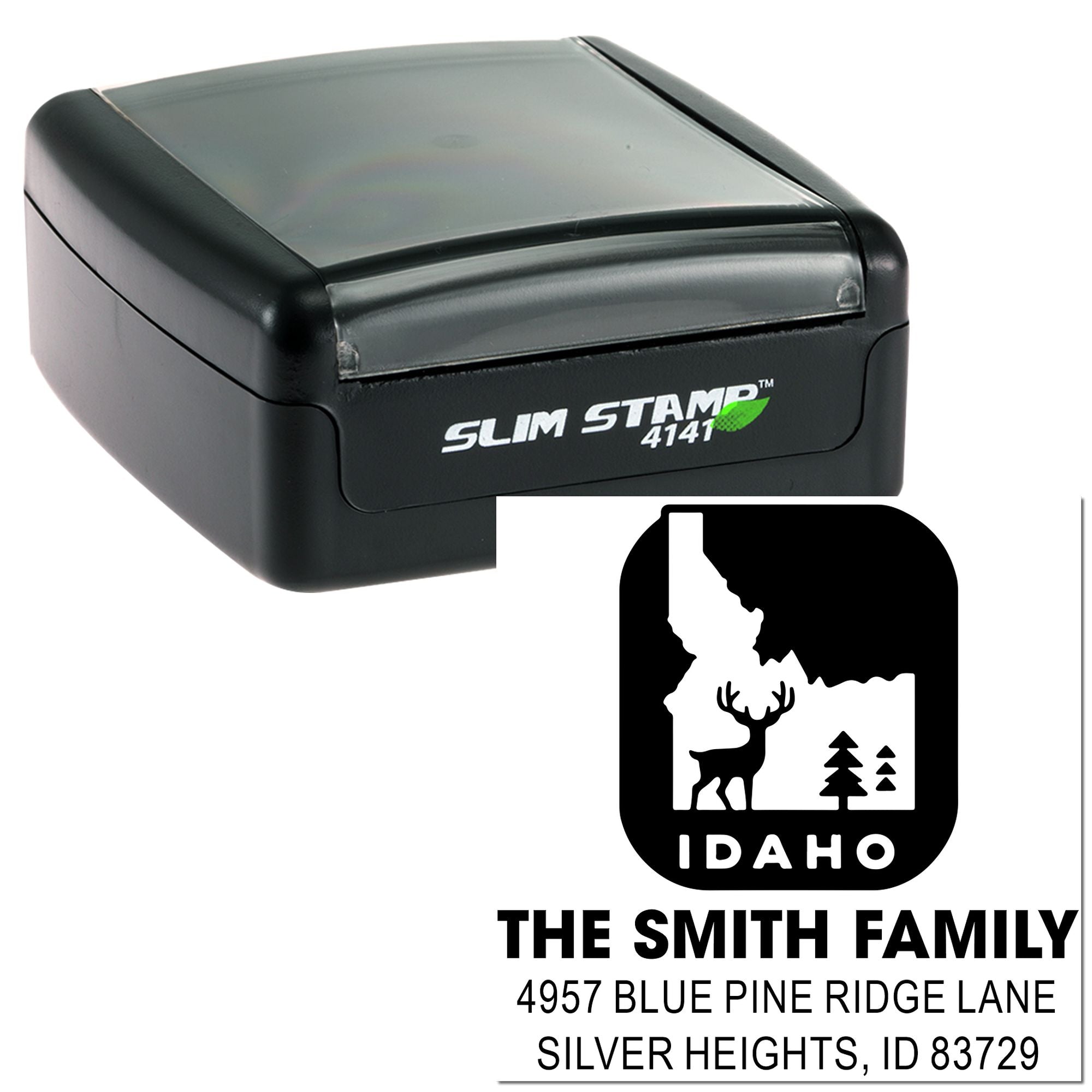 Custom self-inking rubber address stamp with Idaho wildlife design and Smith Family return address.
