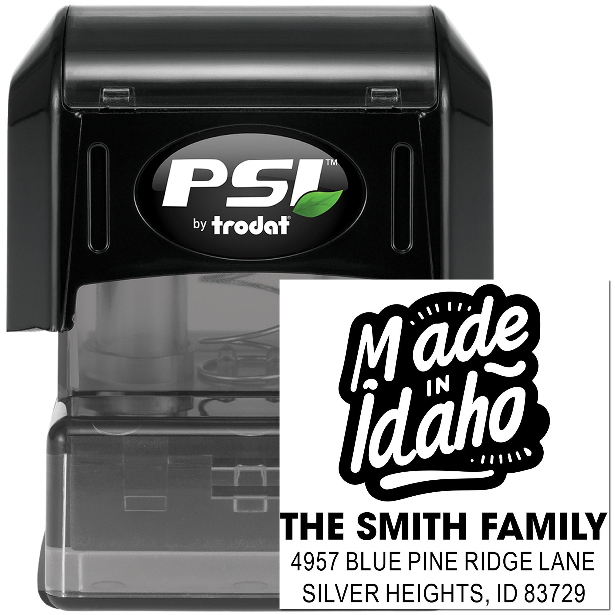 Custom self-inking rubber stamp with Made in Idaho design and Smith Family return address for mail personalization.