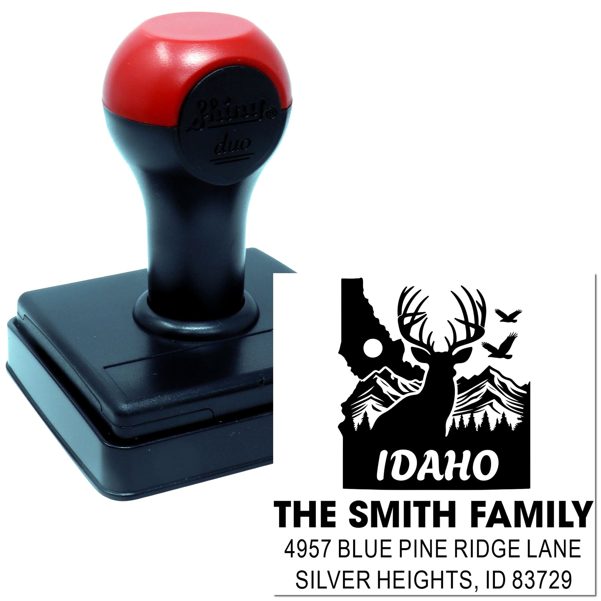 Custom self-inking rubber address stamp with Idaho deer and mountain design for The Smith Family