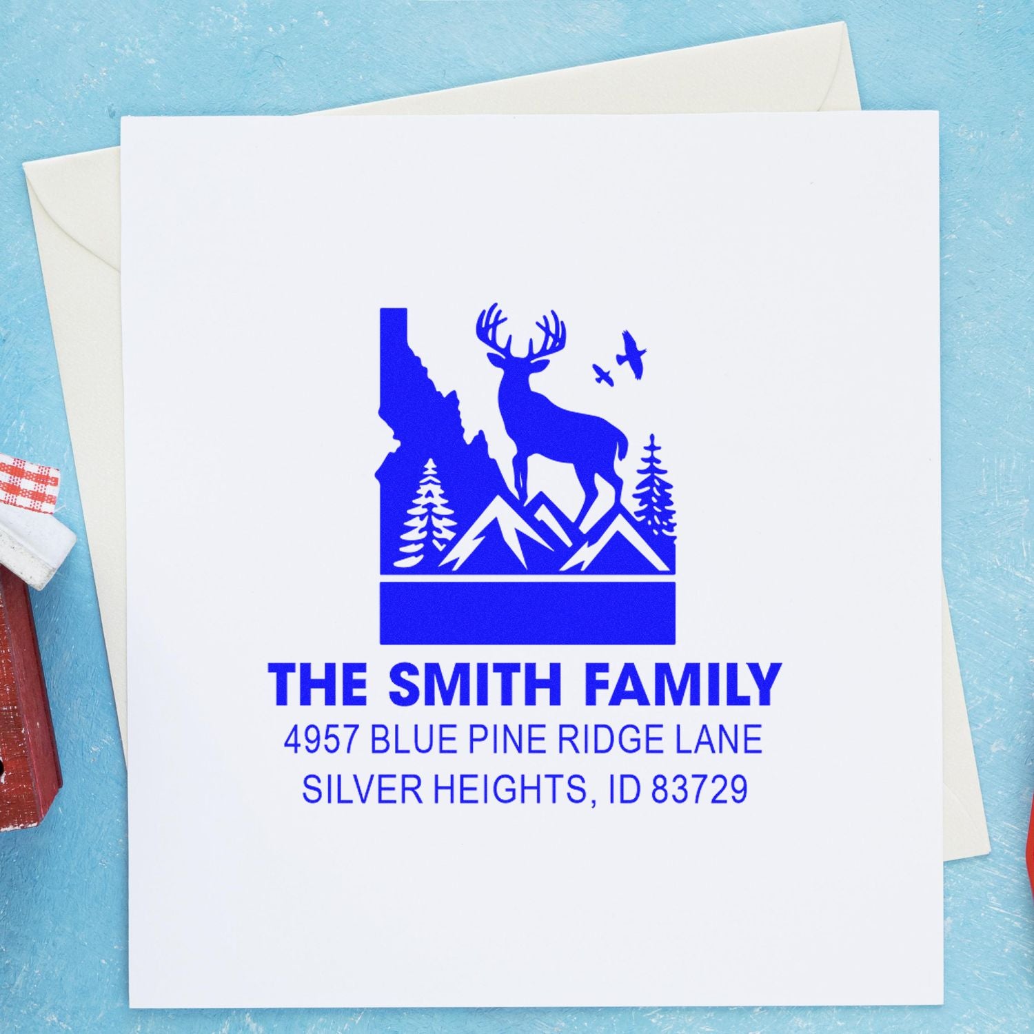 Personalized rubber address stamp with deer, mountains and trees for The Smith Family, Silver Heights, ID