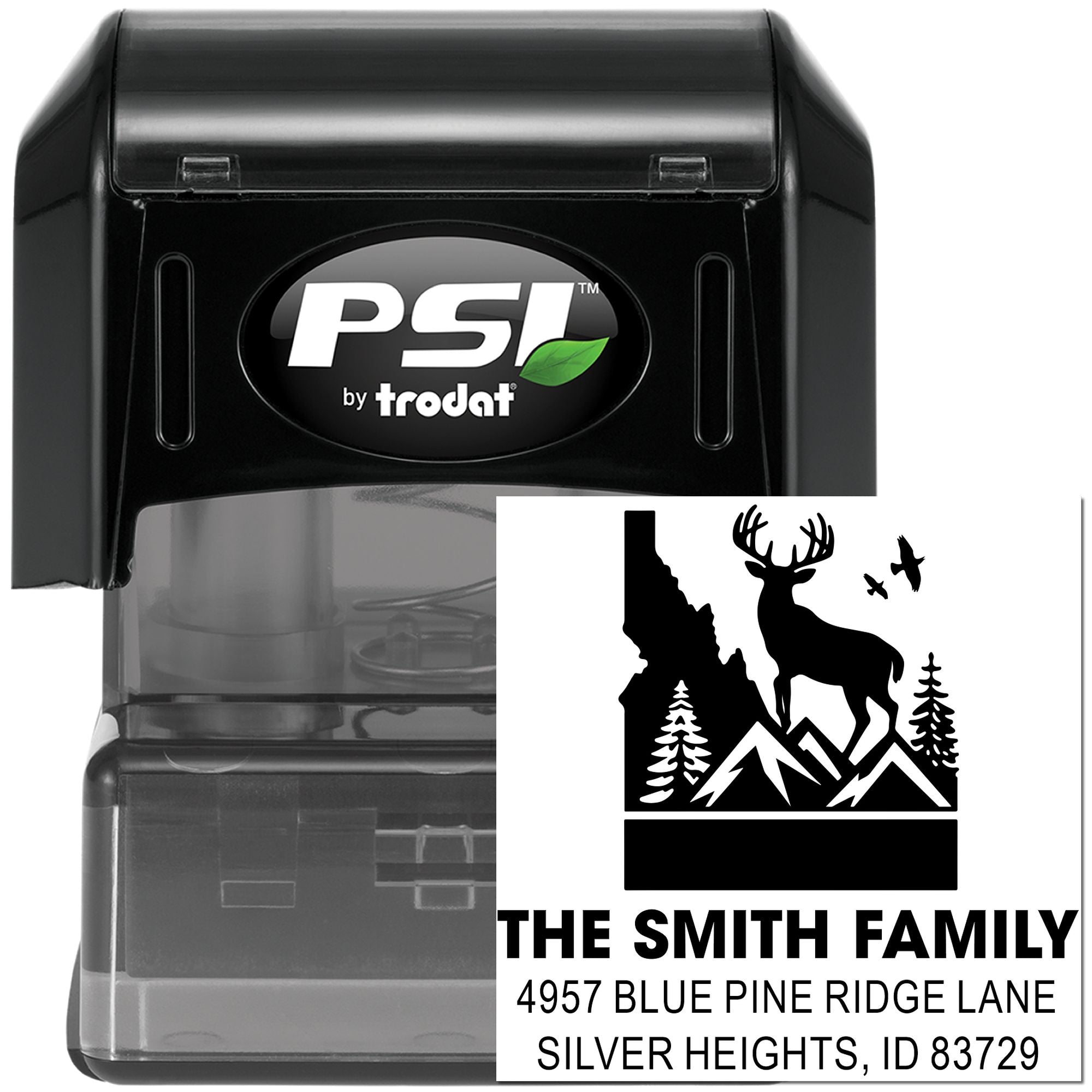 PSI by Trodat self-inking custom address rubber stamp with deer mountain family design and return address imprint