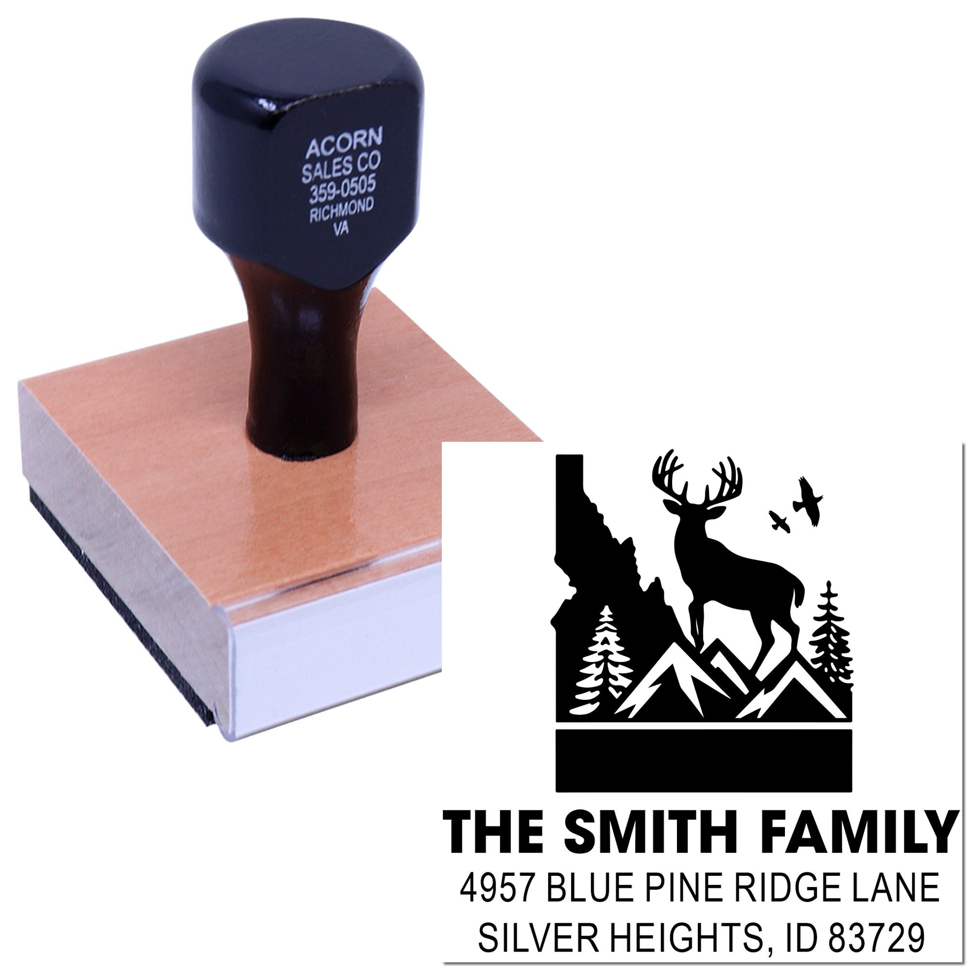 Custom self-inking address rubber stamp with deer and mountain logo for personalized family mailing addresses