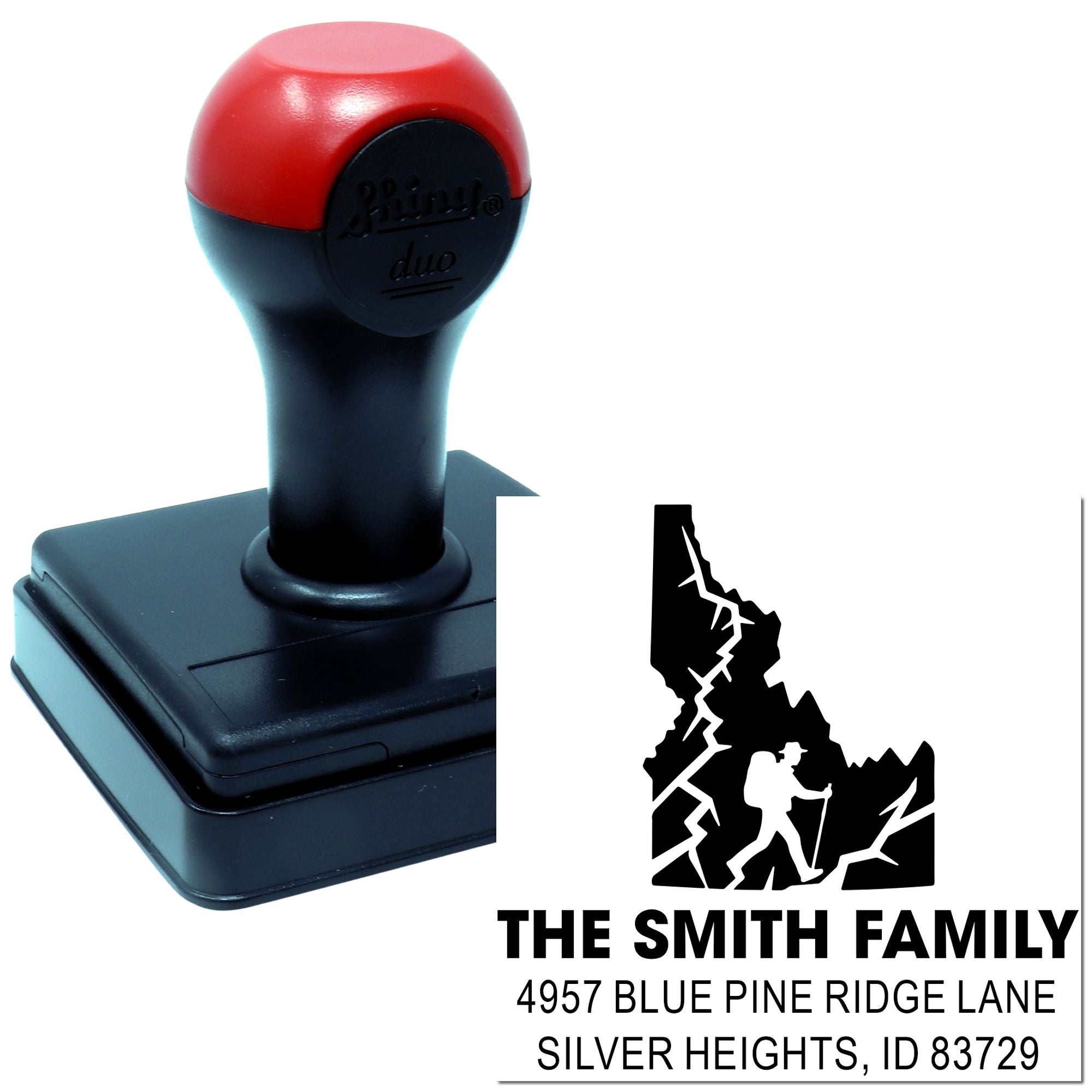 Custom self-inking rubber address stamp for The Smith Family, with hiker Idaho design and Blue Pine Ridge Lane address.