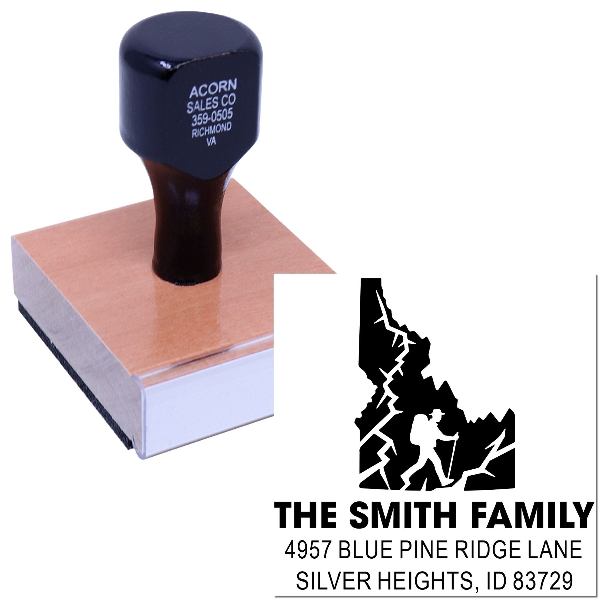 Custom self-inking rubber address stamp with hiking family design for The Smith Family return address.