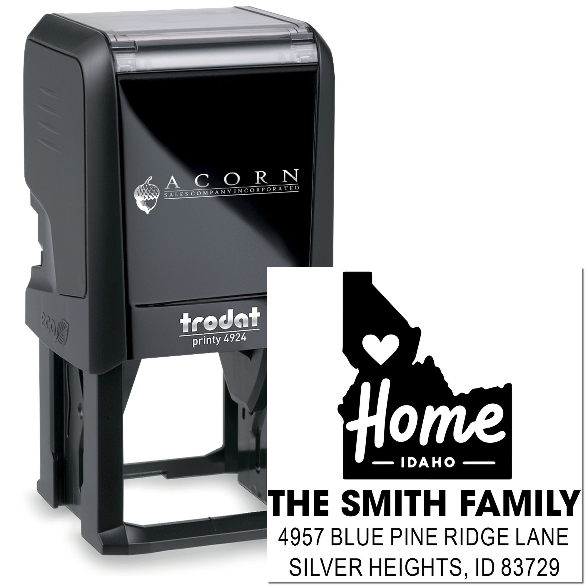 Custom self-inking address rubber stamp with Idaho home design for The Smith Family, Trodat Printy 4924
