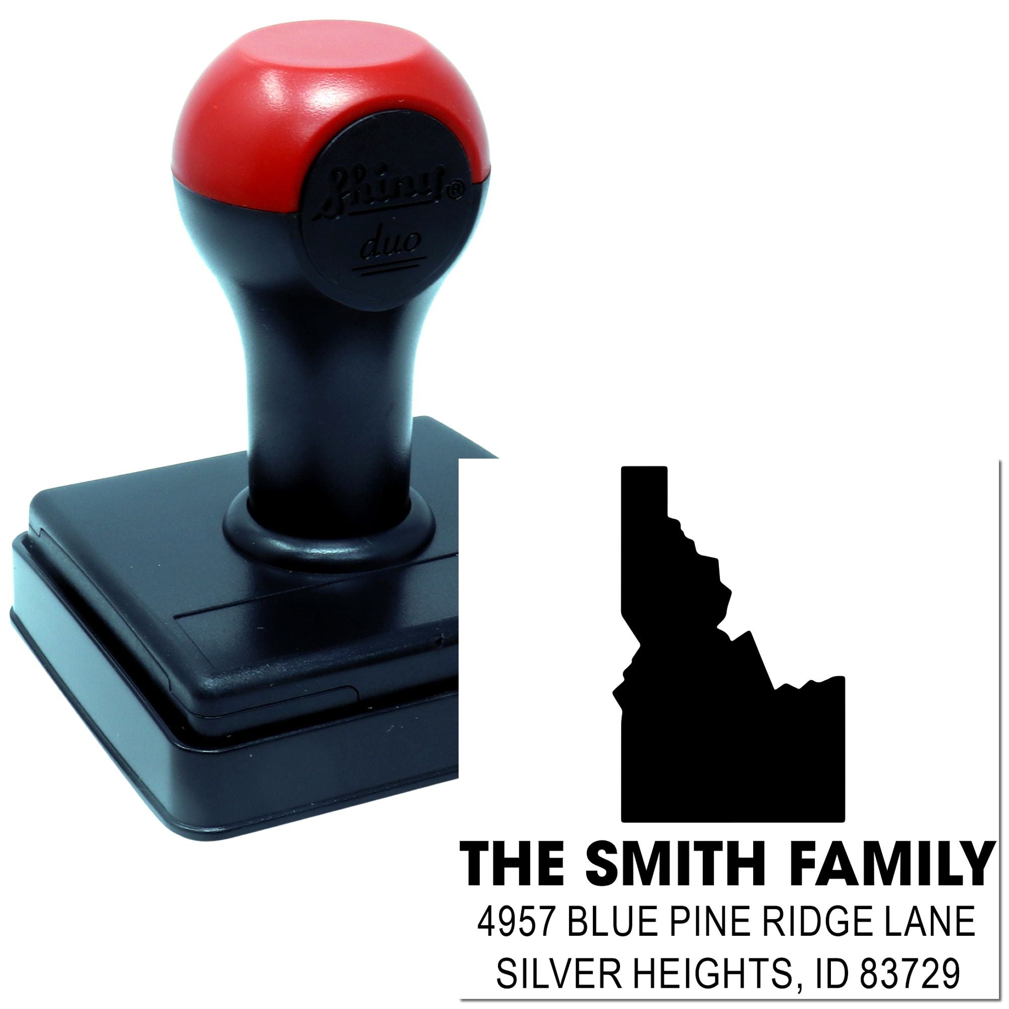 Personalized self-inking Idaho address rubber stamp for envelopes, featuring The Smith Family return address and state silhouette.