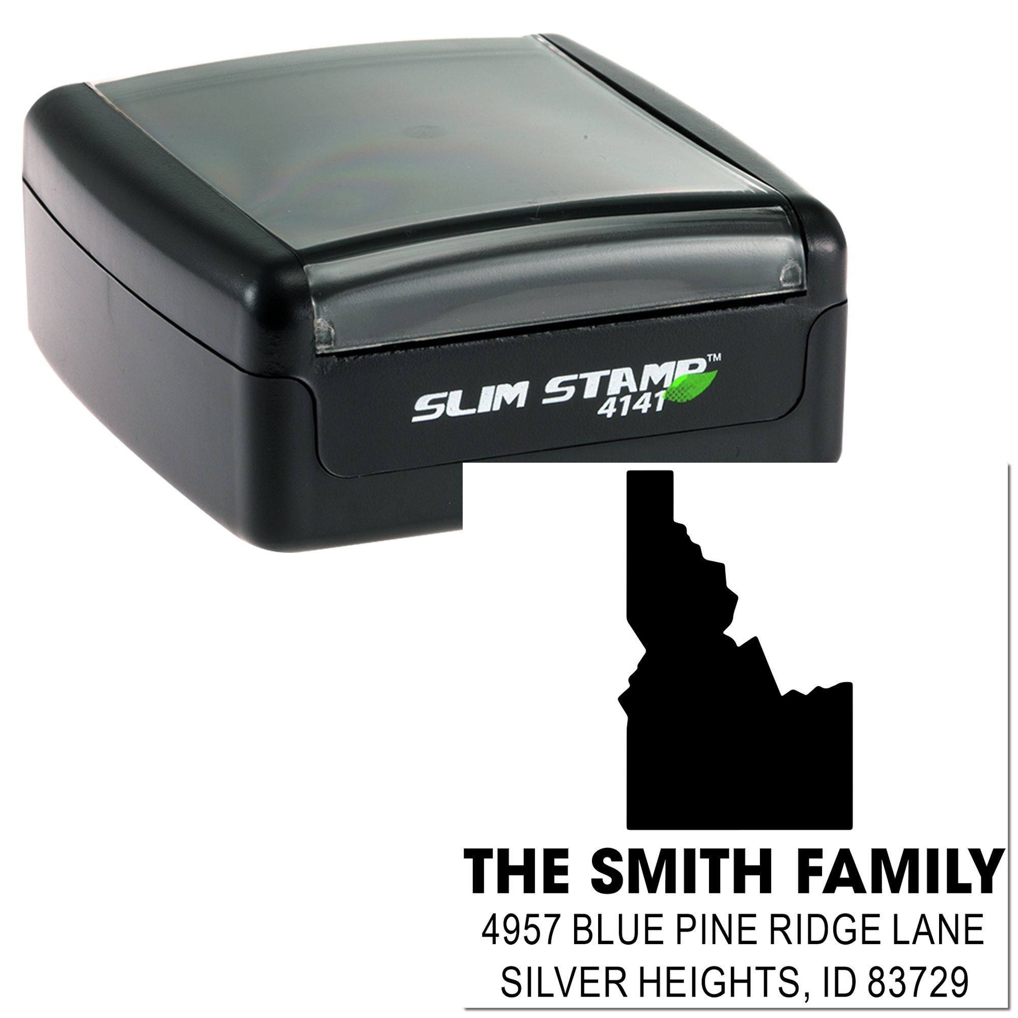 Custom self-inking address rubber stamp with Idaho state design for The Smith Family, Silver Heights, ID 83729.