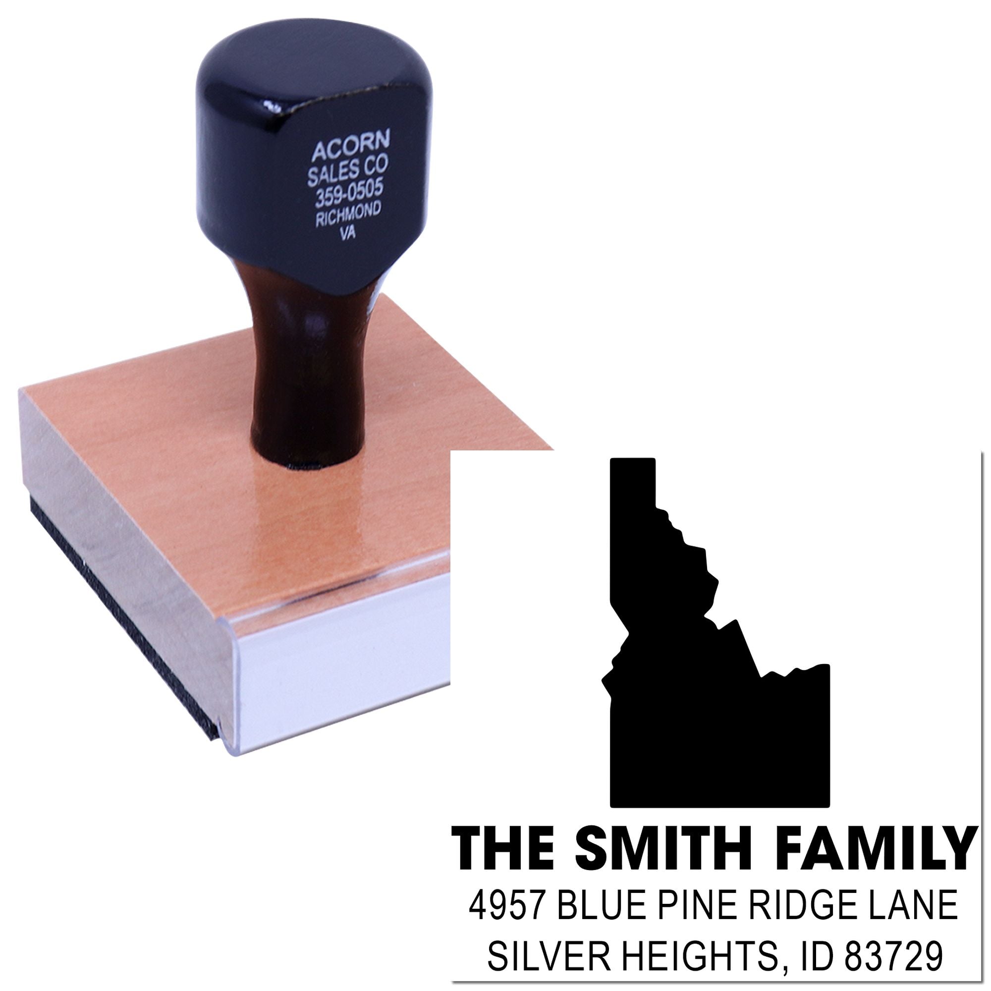 Custom family return address rubber stamp with Idaho silhouette and personalized name and address design