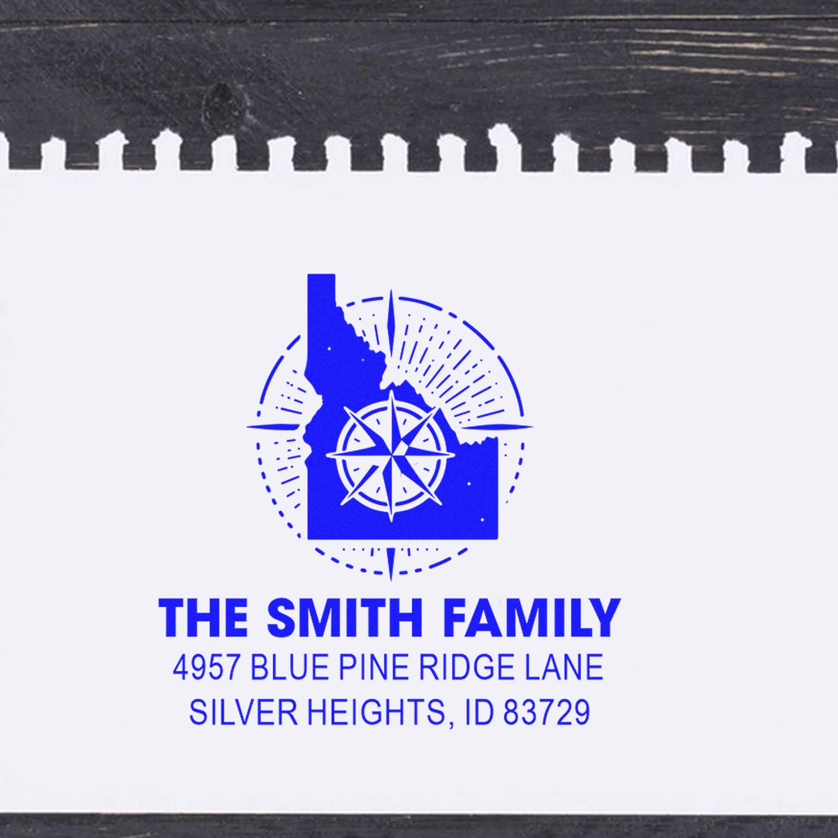 Custom family address rubber stamp with Idaho state compass design for The Smith Family in Silver Heights, ID.
