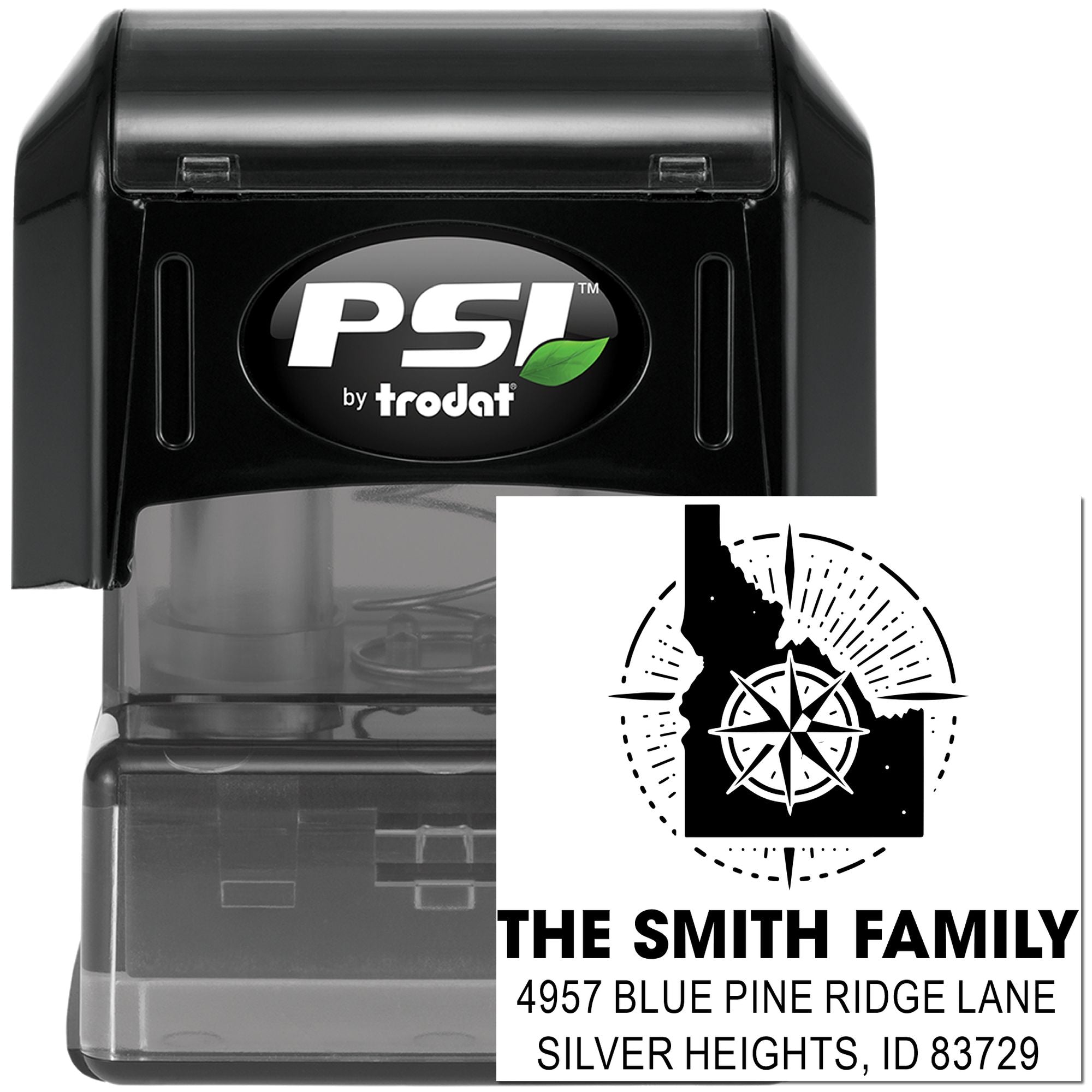 PSI by Trodat custom self-inking address rubber stamp with family name, logo, and return address imprint