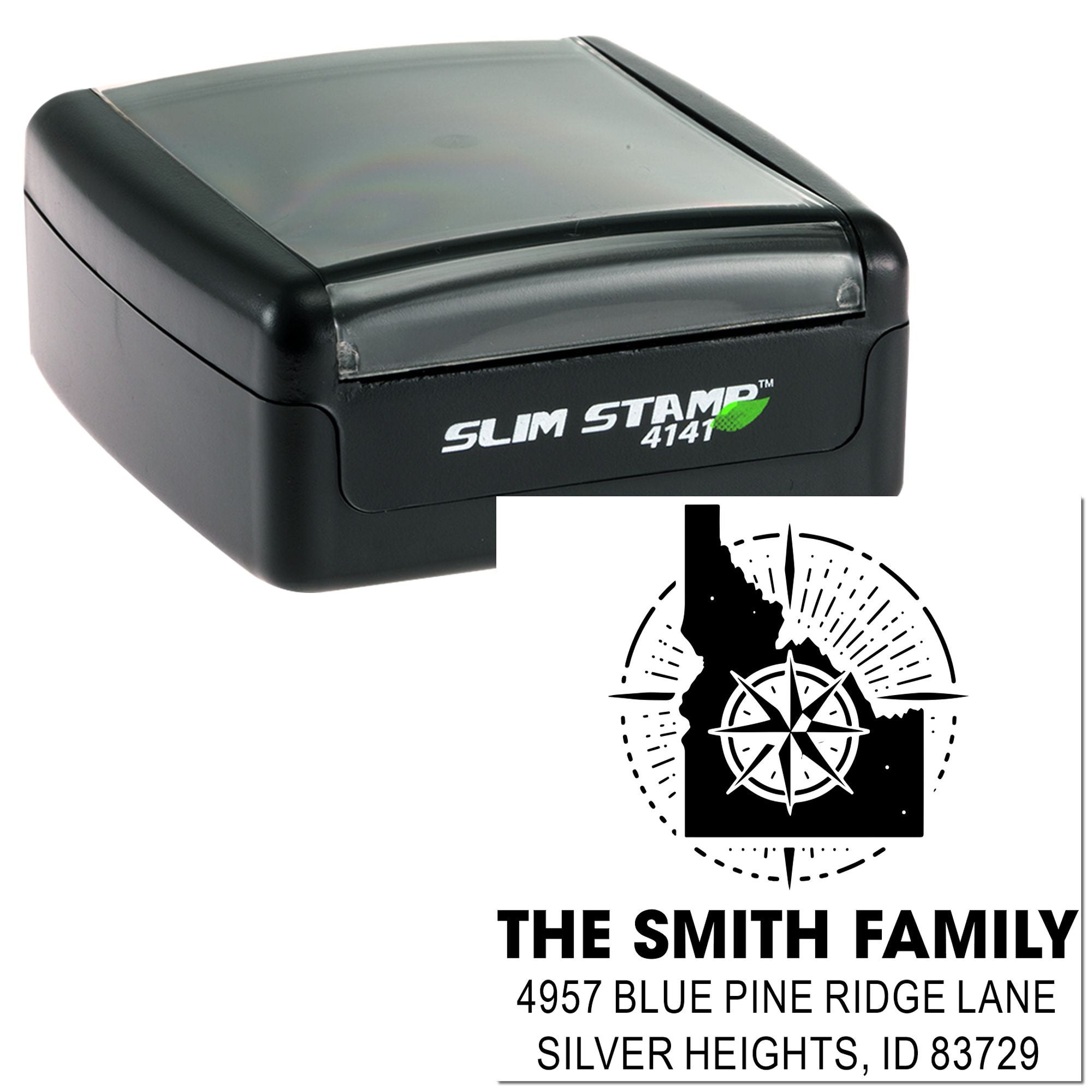Custom return address rubber stamp with Idaho compass design, shown in Slim Stamp 4141 self-inking case.