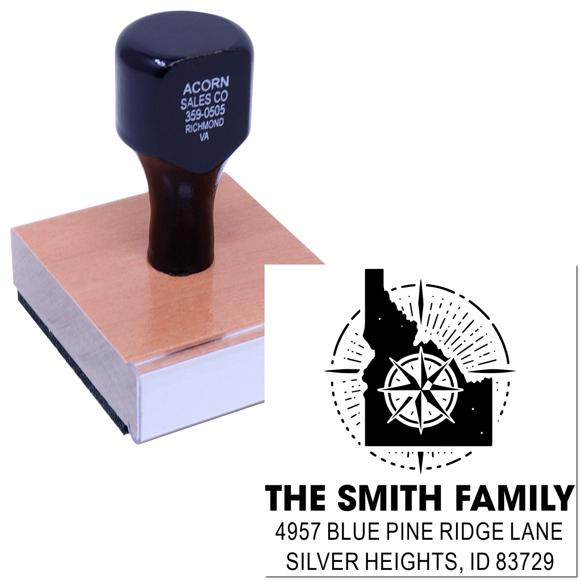 Custom self-inking rubber address stamp for The Smith Family with logo and Silver Heights, ID return address design.