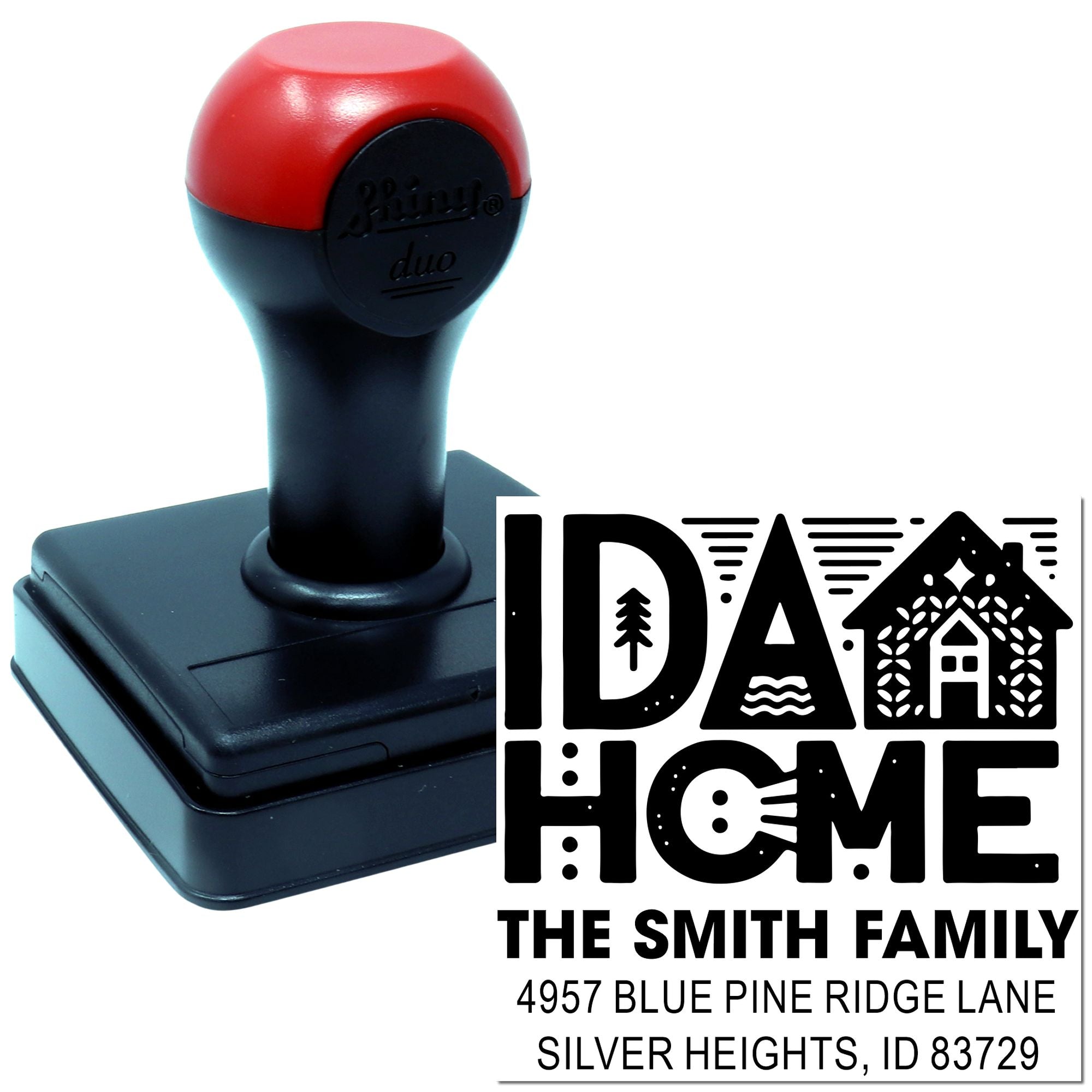 Custom self-inking rubber address stamp with Idaho home design, Smith family name, and personalized mailing address.