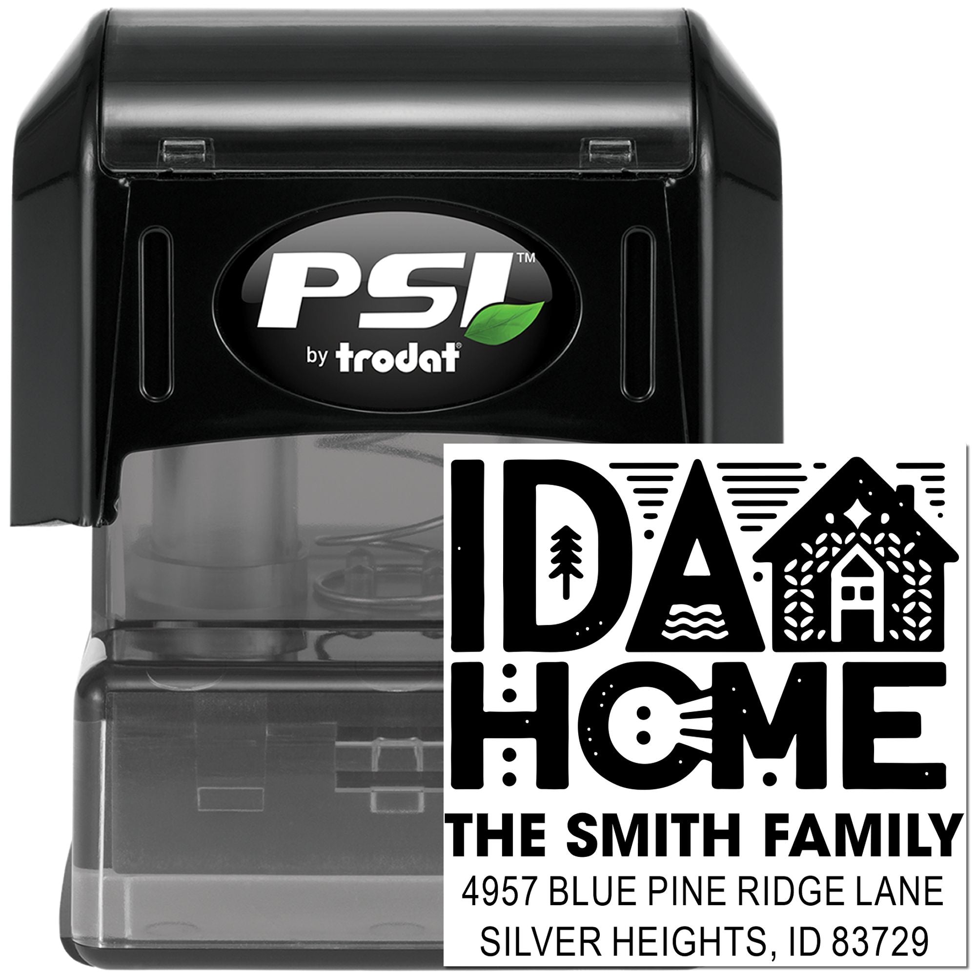 Custom self-inking rubber stamp by PSI Trodat with Idaho home design and return address for The Smith Family.