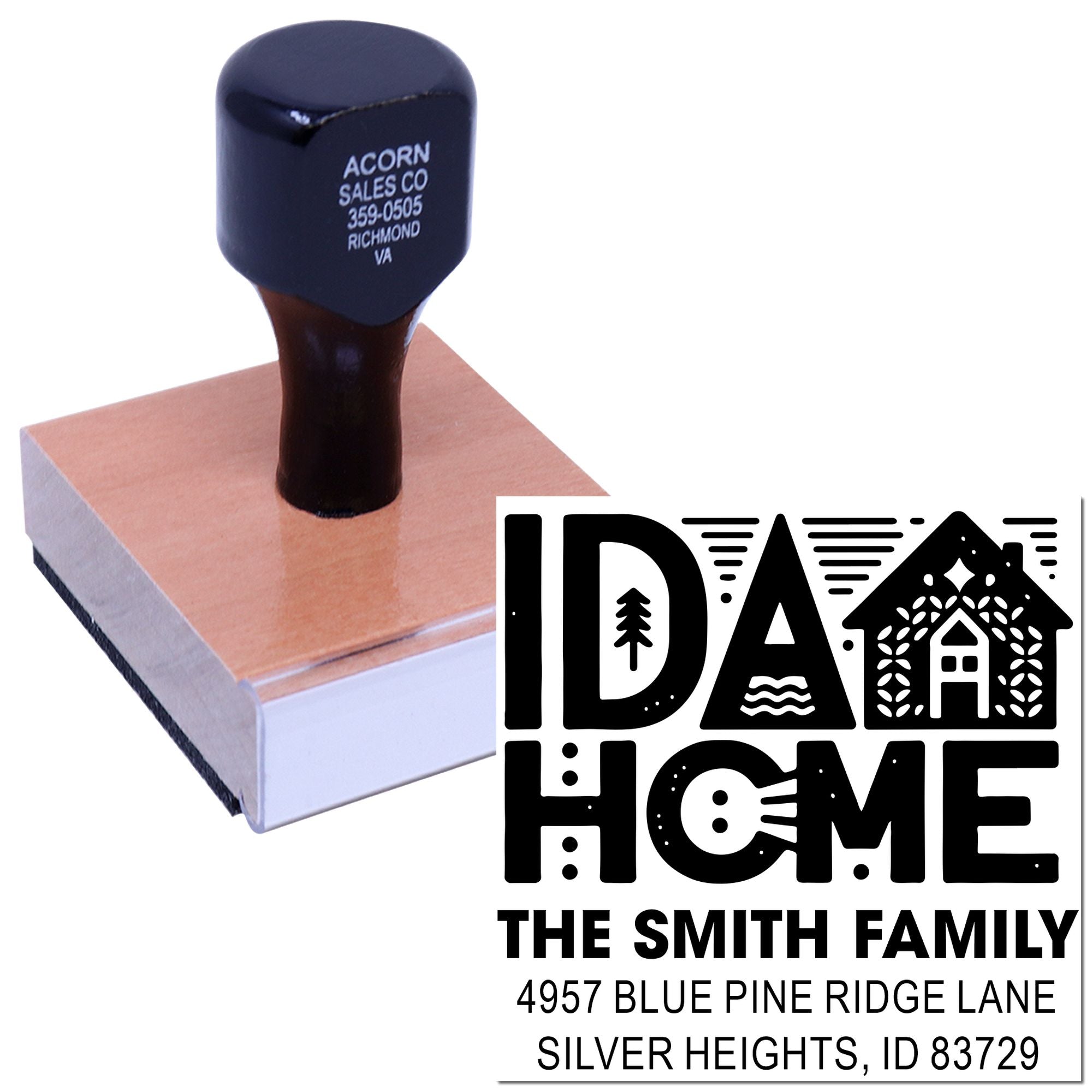 Custom return address rubber stamp for The Smith Family, featuring Ida Home design and address.