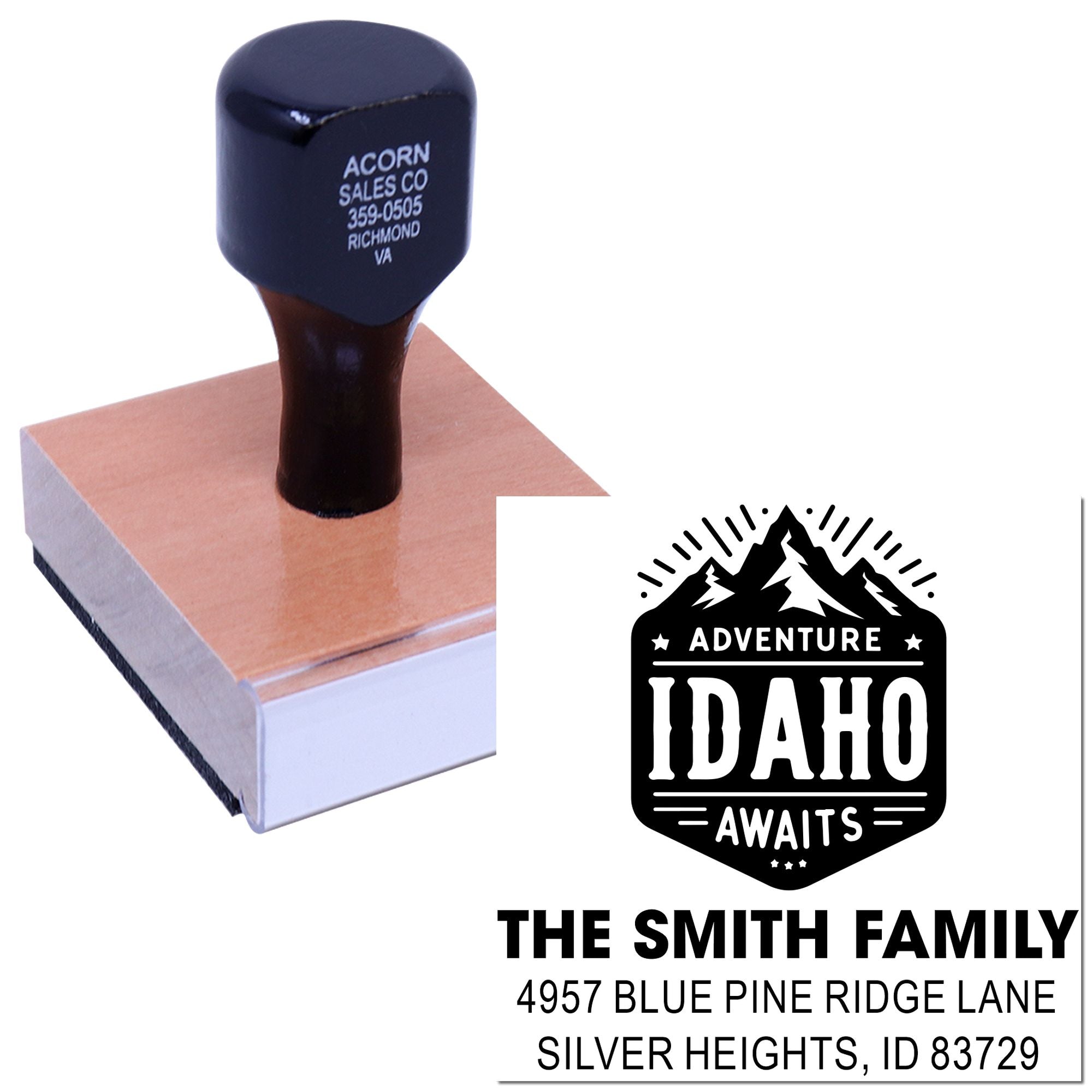 Custom return address rubber stamp with Idaho Adventure Awaits design for The Smith Family, perfect for personalized mail.