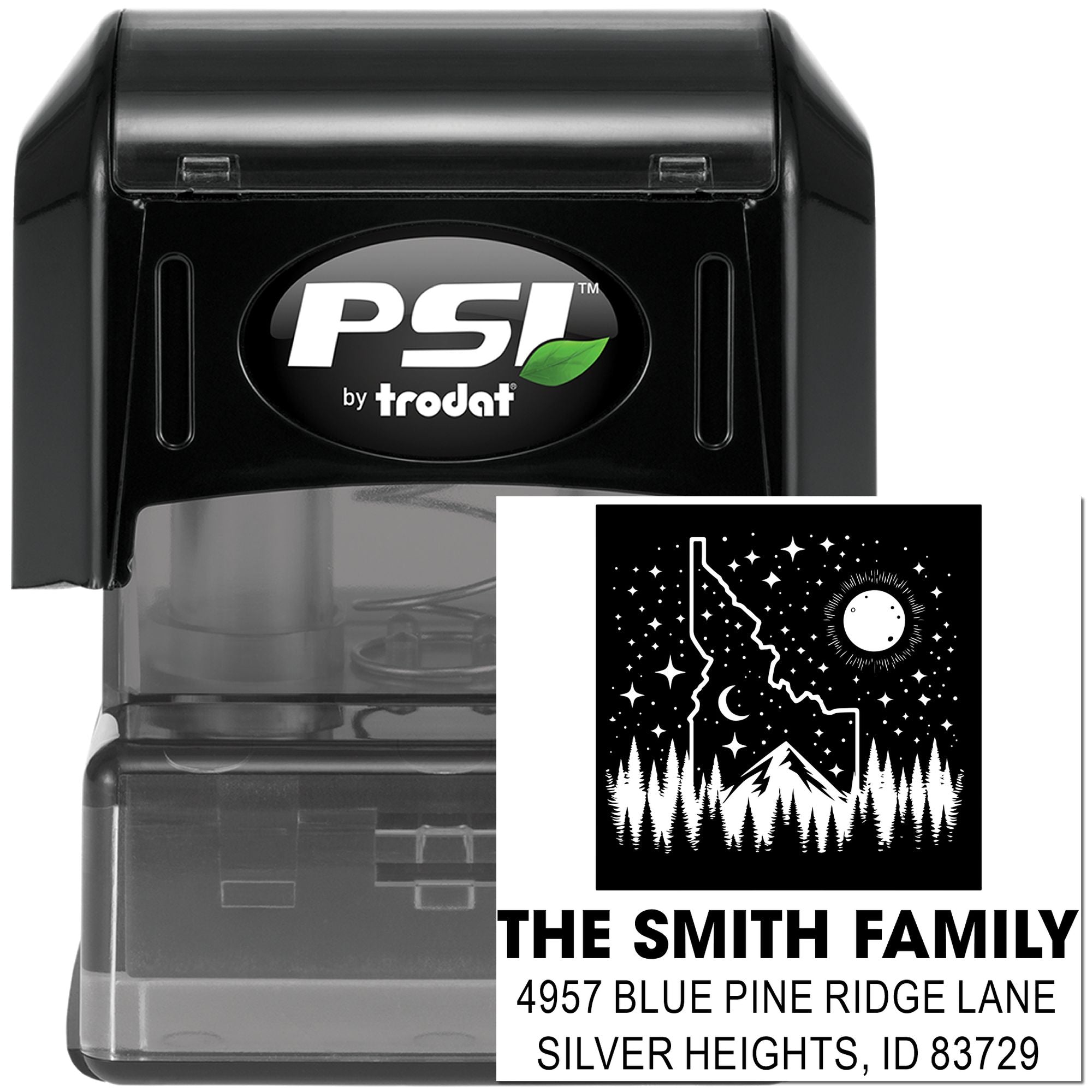 Personalized self-inking address rubber stamp by PSI Trodat with The Smith Family mountain design.