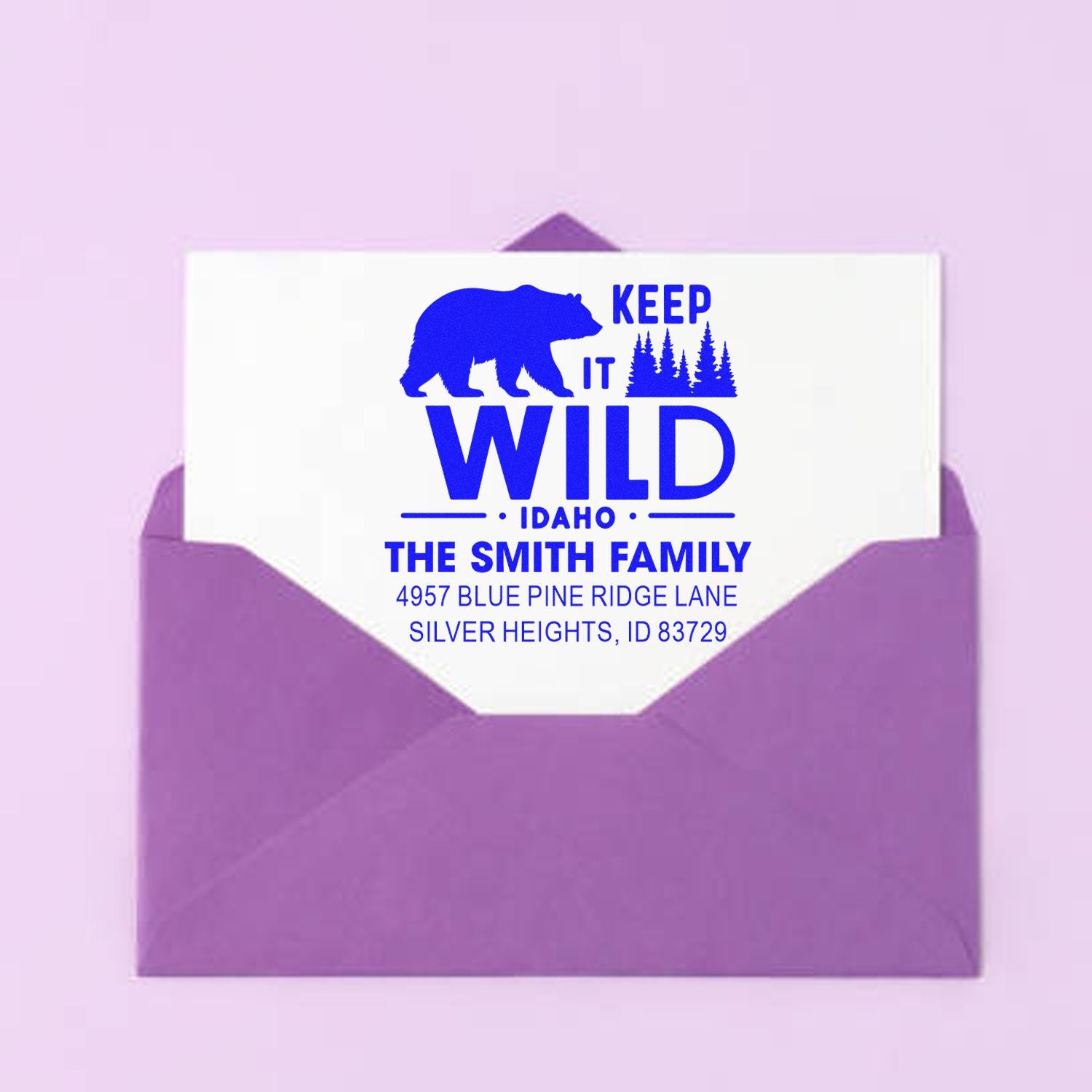 Custom Keep It Wild Idaho return address rubber stamp for The Smith Family, featuring a bear, pine trees, and Silver Heights address.