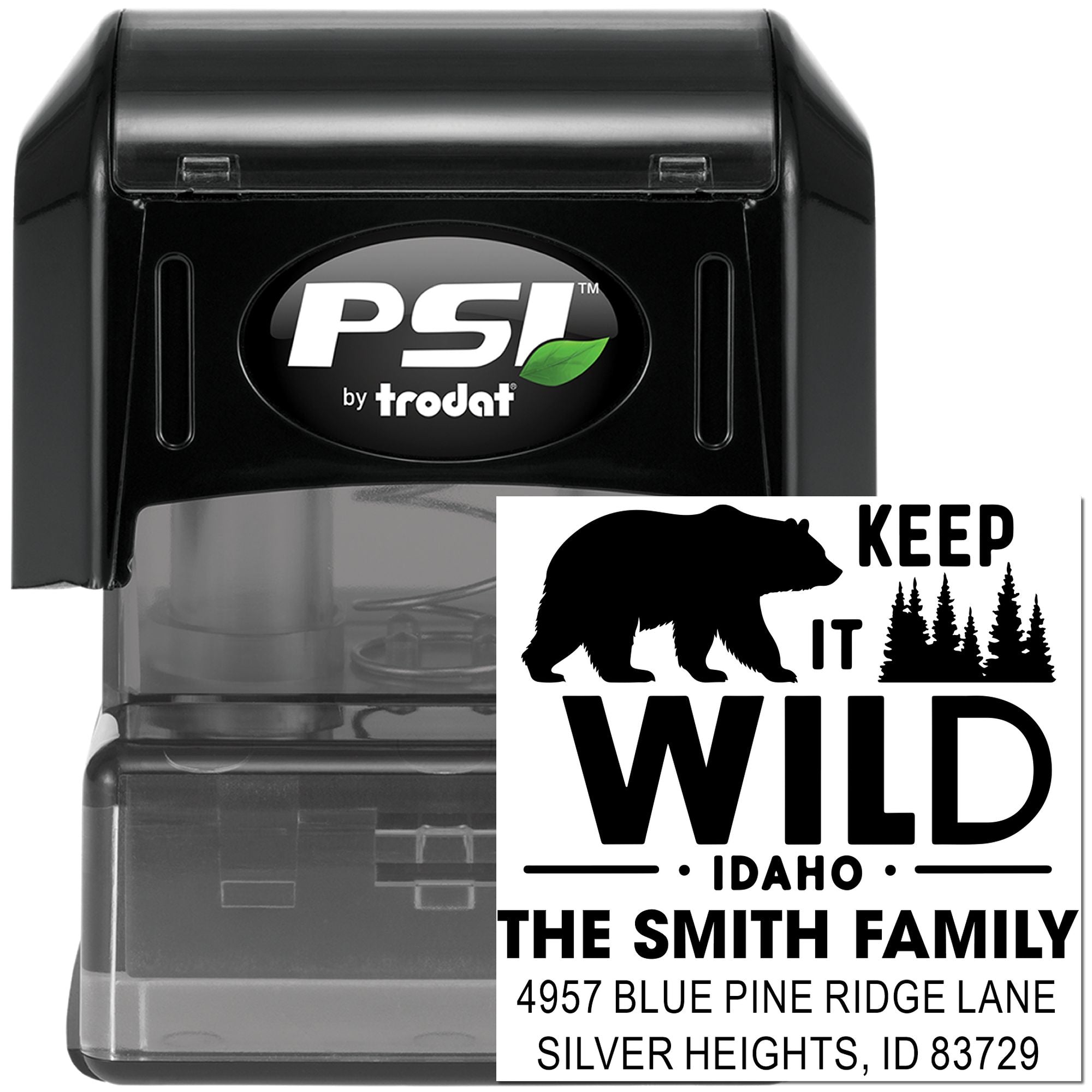 PSI by Trodat self-inking custom rubber stamp with Keep It Wild Idaho design and return address imprint for the Smith family.