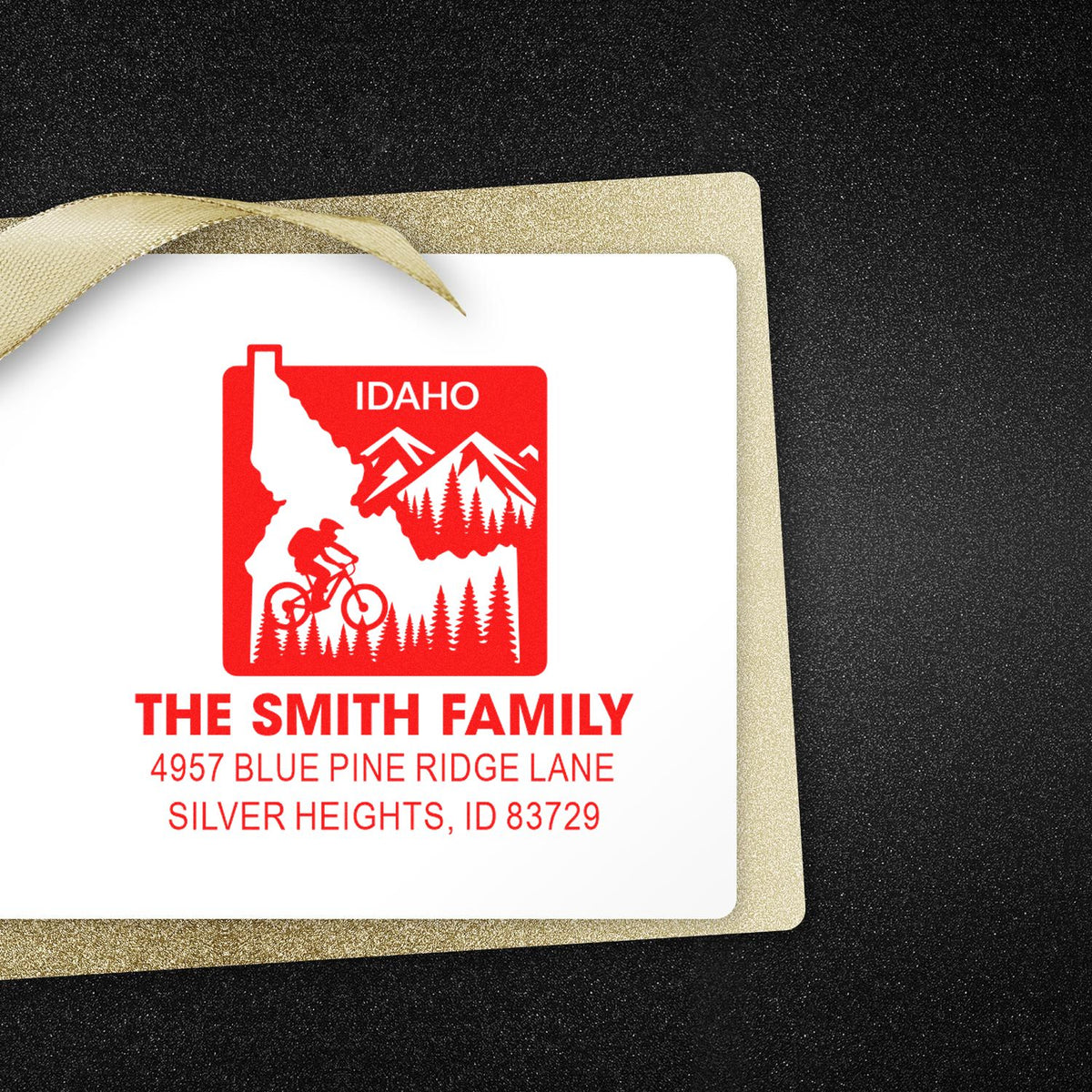 Custom Idaho return address rubber stamp with mountain biker design for The Smith Family, Silver Heights, ID.