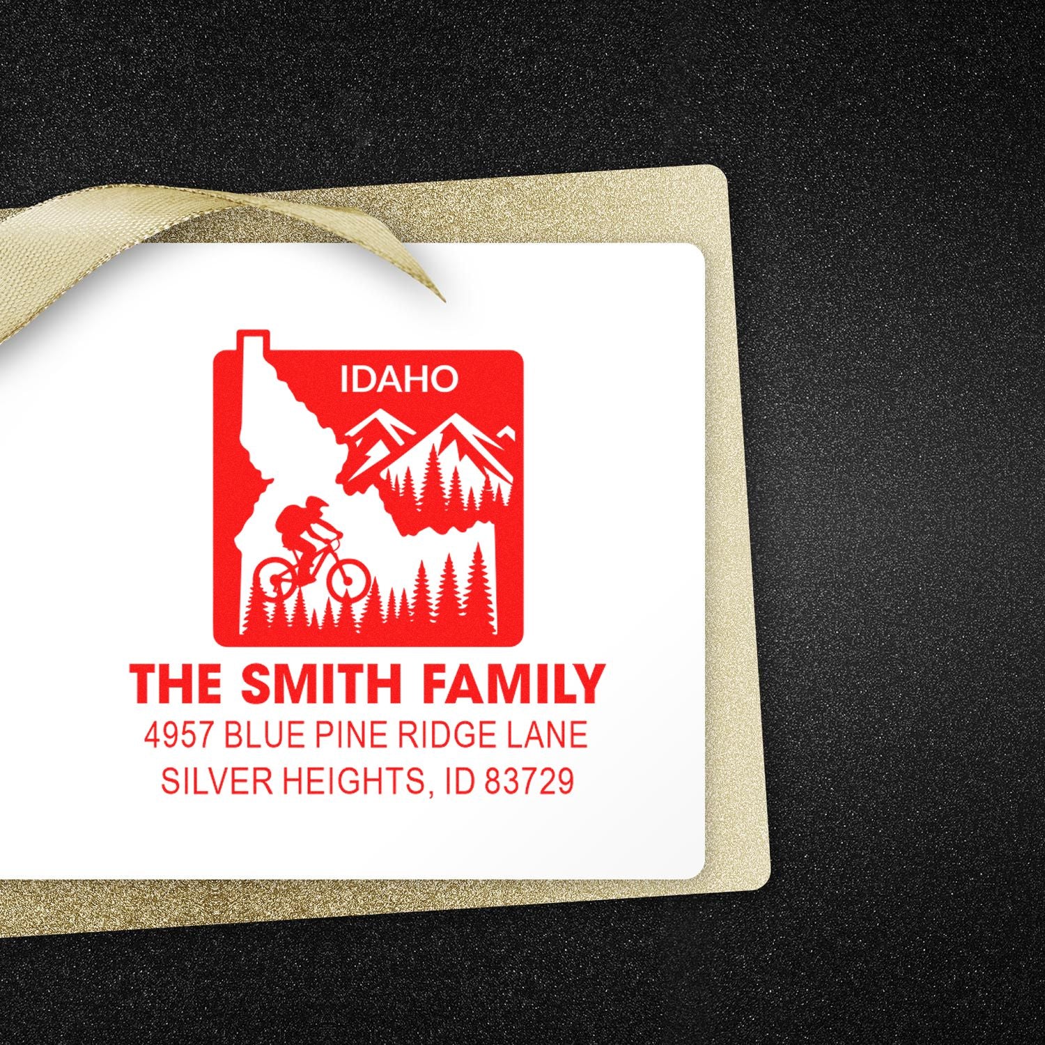 Custom Idaho return address rubber stamp with mountain biker design for The Smith Family, Silver Heights, ID.