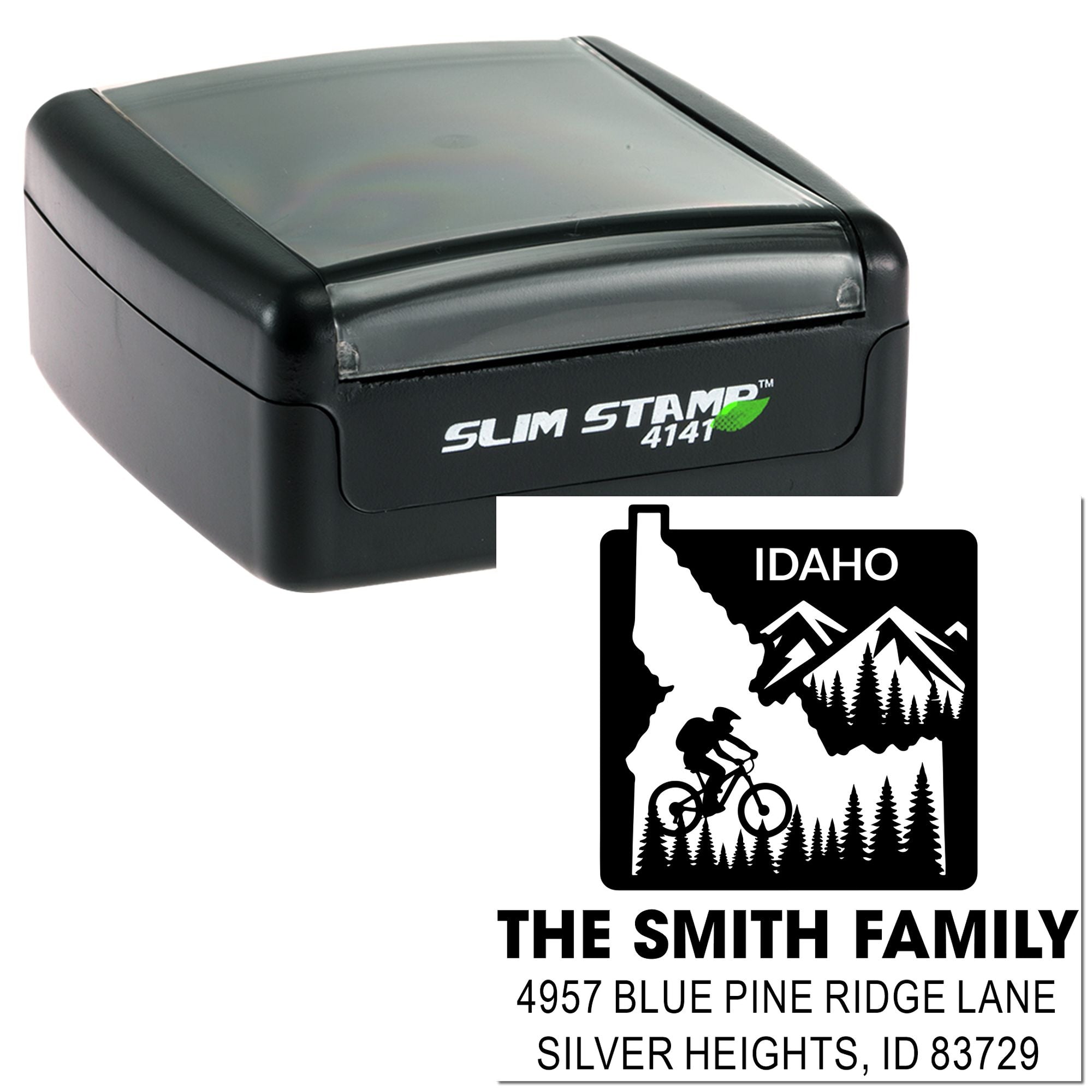 Custom self-inking Idaho address rubber stamp with mountain biker design, The Smith Family return address stamp for mailing labels.