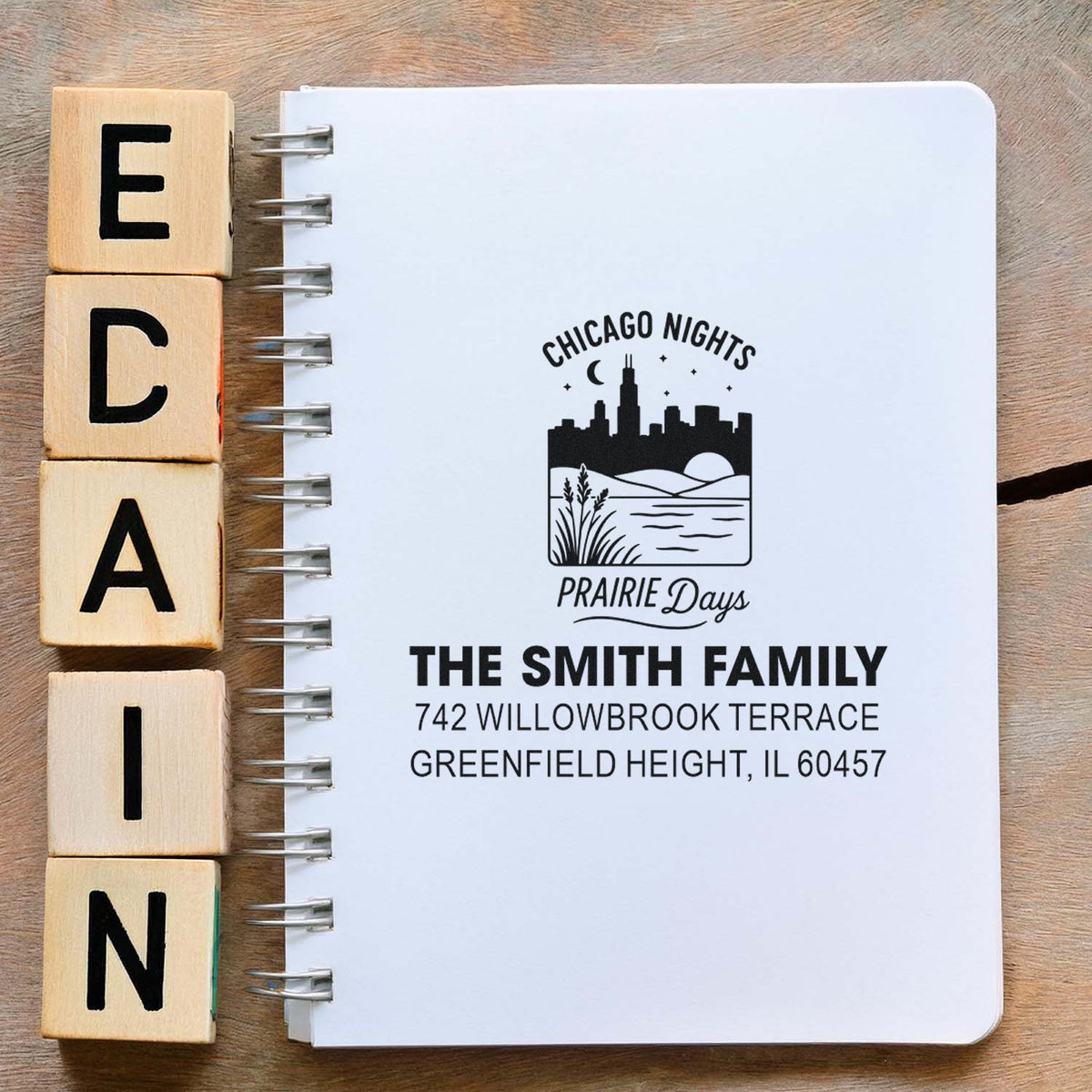 Custom rubber address stamp for The Smith Family, featuring Chicago Nights Prairie Days skyline design and return address.
