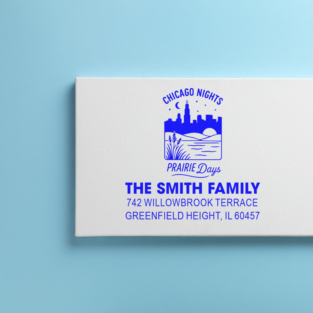 Custom return address rubber stamp preview for The Smith Family with Chicago Nights Prairie Days skyline design