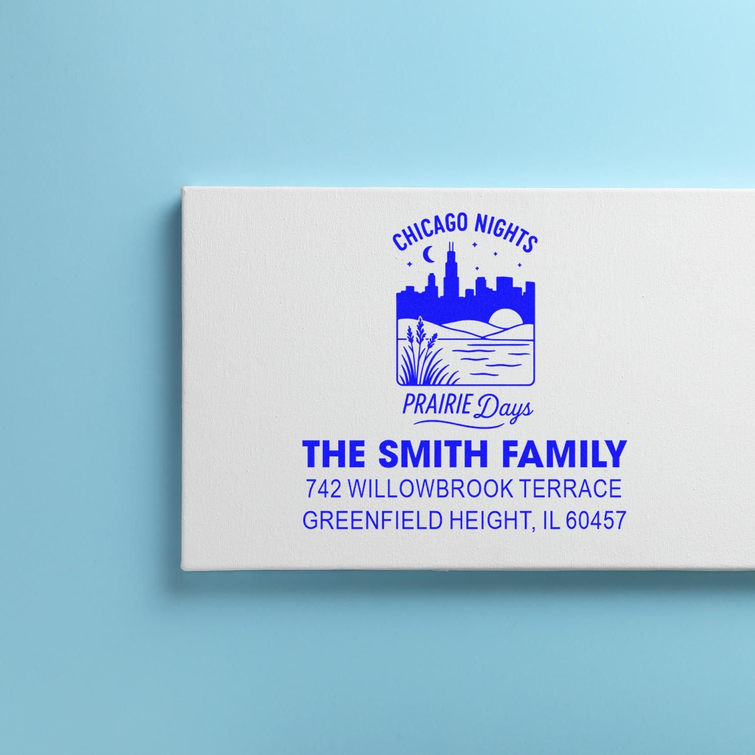 Custom return address rubber stamp for The Smith Family with Chicago Nights Prairie Days skyline design.