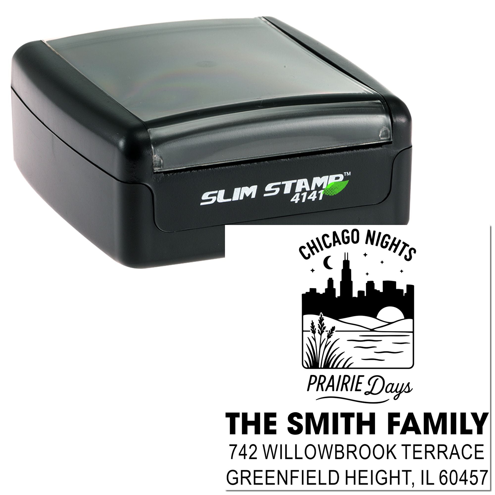 Personalized self-inking return address rubber stamp with Chicago Nights Prairie Days family design and address