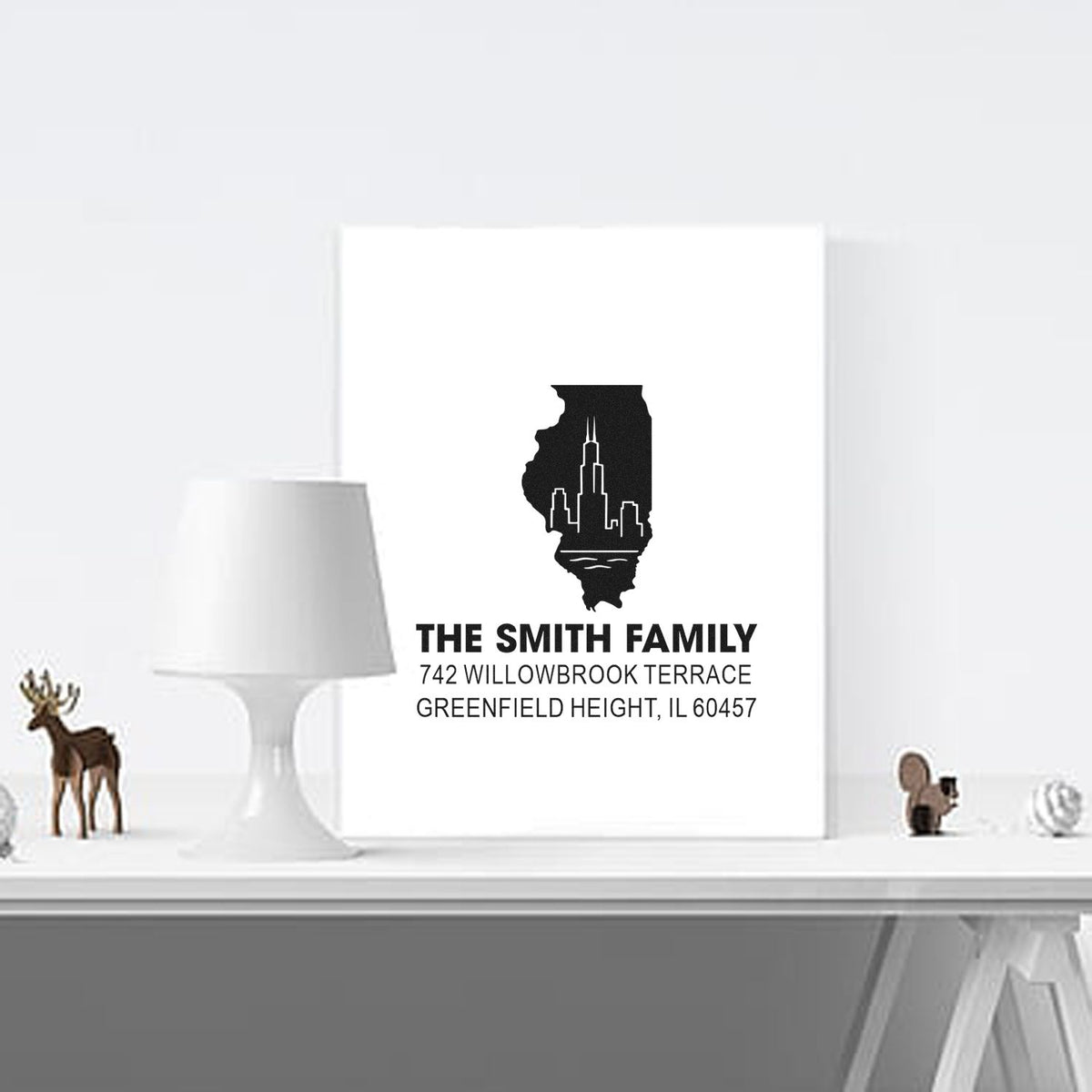 Personalized return address rubber stamp with Illinois skyline silhouette and family name for custom stationery.
