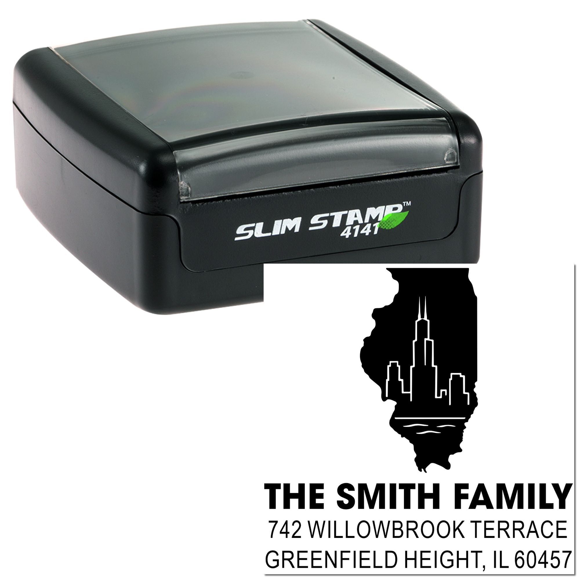 Custom self-inking rubber stamp with city skyline design for return address and family name imprint, Slim Stamp 4141