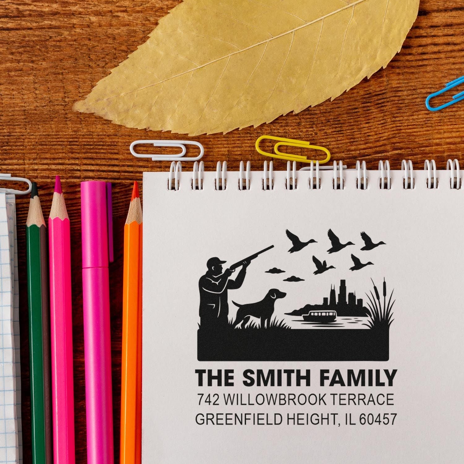 Personalized return address rubber stamp with hunting scene, dog, ducks and skyline for custom family mail.