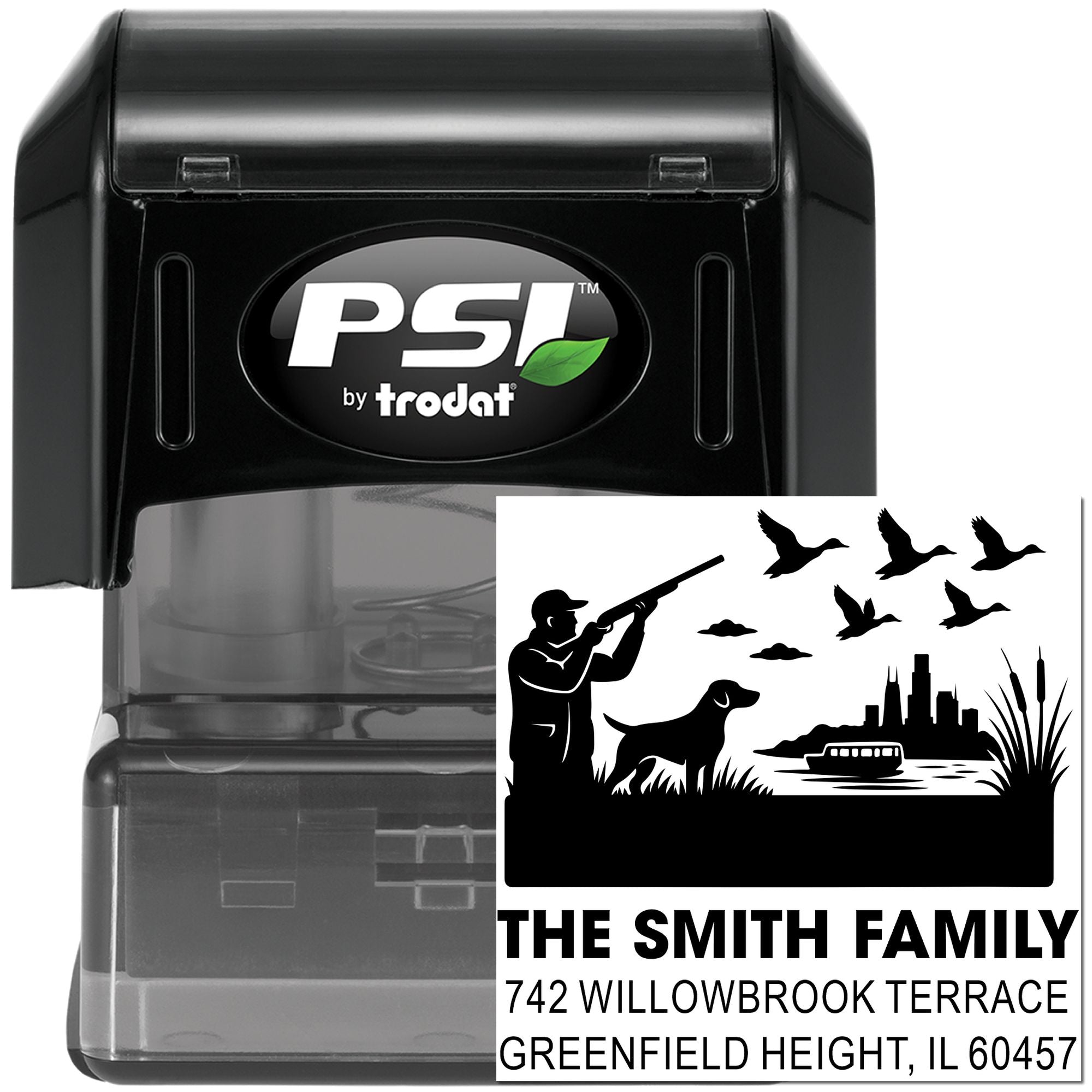 Custom PSI by Trodat self-inking return address rubber stamp with hunting scene, ducks, dog, and family name.