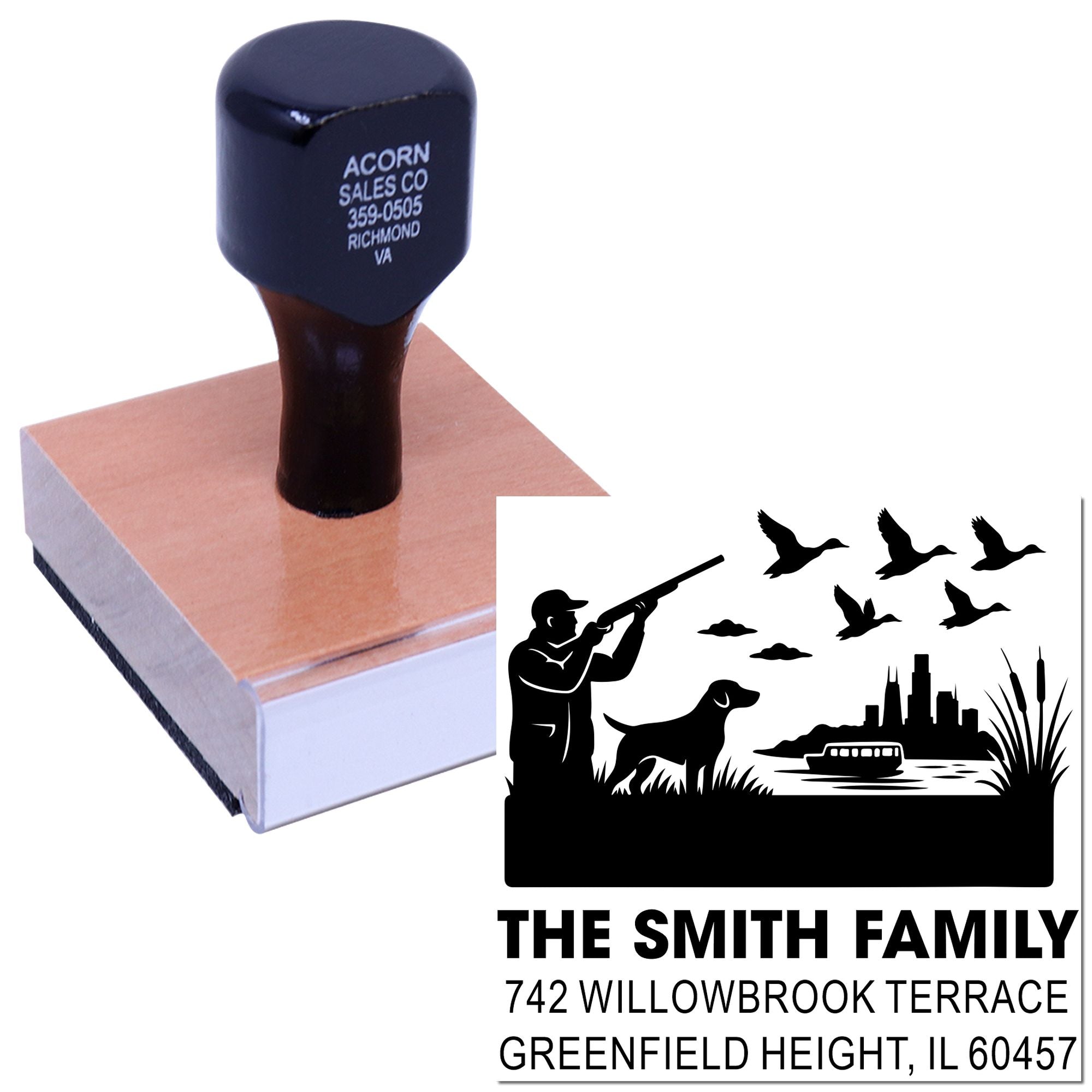 Custom rubber stamp with personalized family name, address, and wildlife scene for mailing and branding.