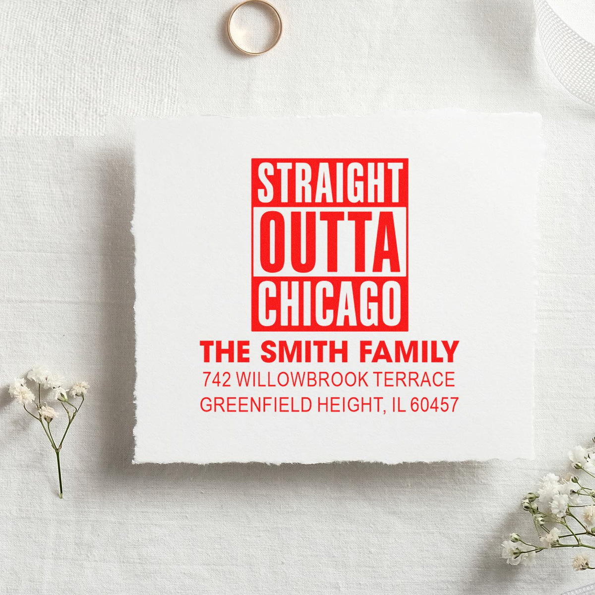 Custom return address rubber stamp with Straight Outta Chicago design for The Smith Family.