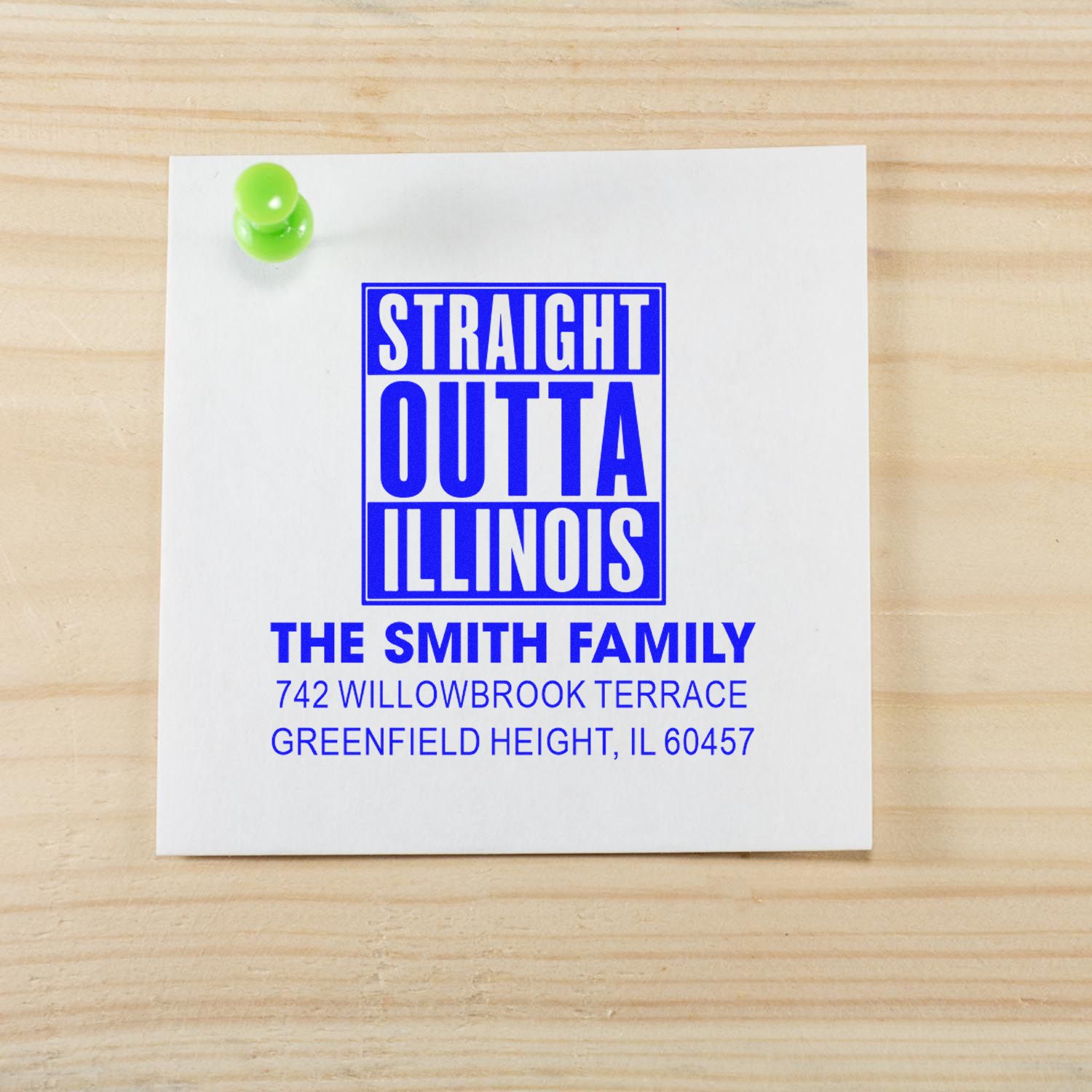 Custom Straight Outta Illinois return address rubber stamp with family name and address for personalized mailing labels.